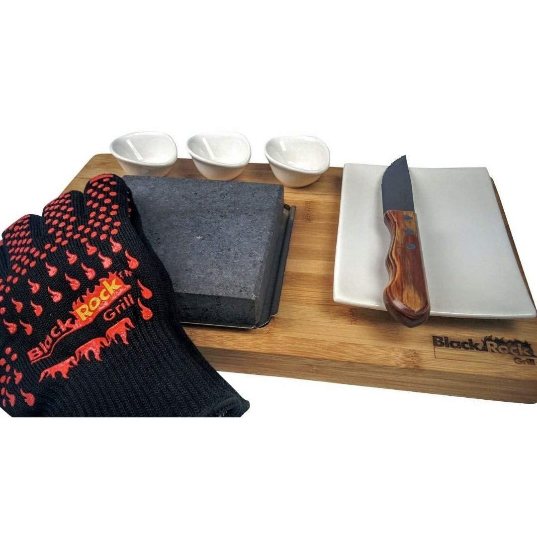 Premium Black Rock Grill Steak Stone Set - Natural Lava Cooking Stone for Tabletop Grilling - Perfect for Indoor/Outdoor BBQ, Camping & Dinner Parties (Gift Set Included)