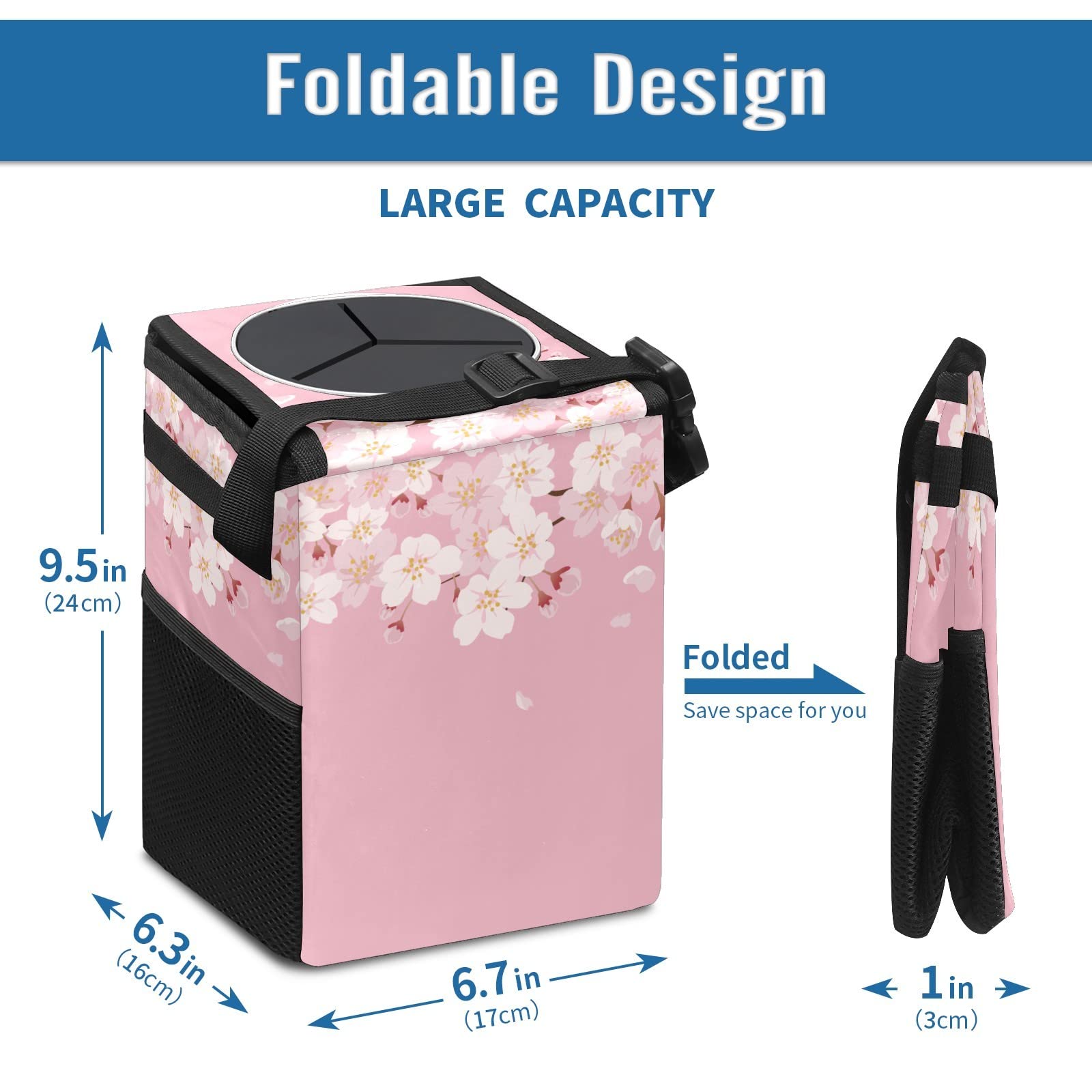 Portable Car Trash Can with Water-Resistant Coating - No Installation Needed, Large Capacity Car Organizer for Sedan, SUV & Truck Interior Accessories | Perfect for Road Trips, Commuting & Family Travel (Cherry Blossom Design)