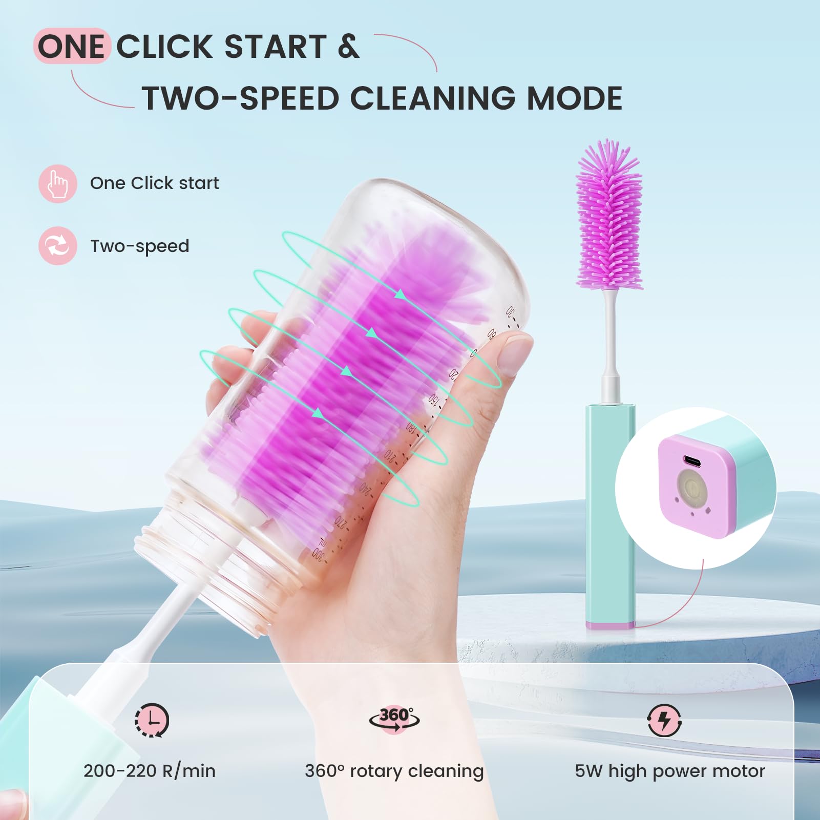 Electric Bottle Brush Set - 360° Automatic Cleaning, IPX7 Waterproof, 2-Speed Silicone Brush for Baby Bottles, Nipples & Straws | Perfect for New Moms & Travel Use