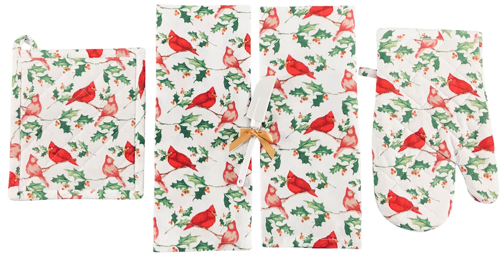 Christmas Winter Holiday Kitchen Towel & Pot Holder Set - Traditional Cardinal Bird & Holly Print Kitchen Gift Set - Perfect for Holiday Cooking, Baking & Festive Home Decor