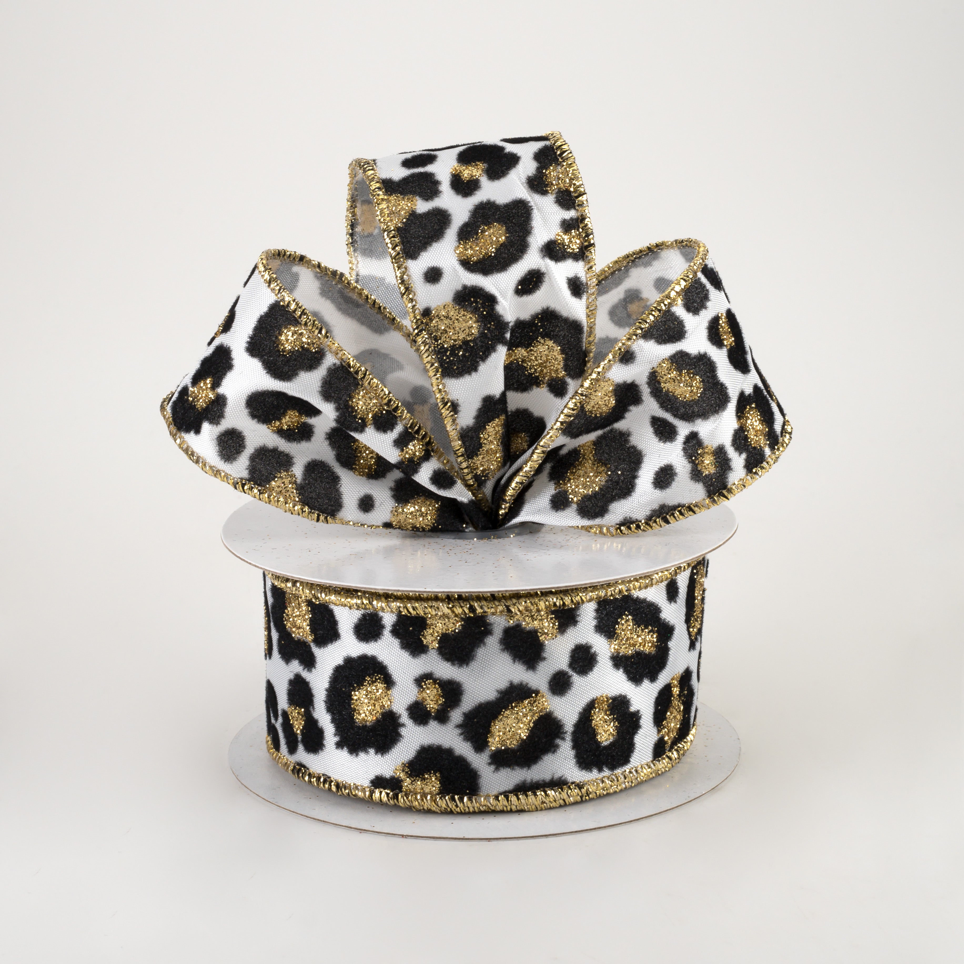 1.5 Inch Flocked Cheetah Print Satin Ribbon - White, Black, Gold (10 Yards) for Gift Wrapping, Hair Bows, DIY Crafts and Party Decorations
