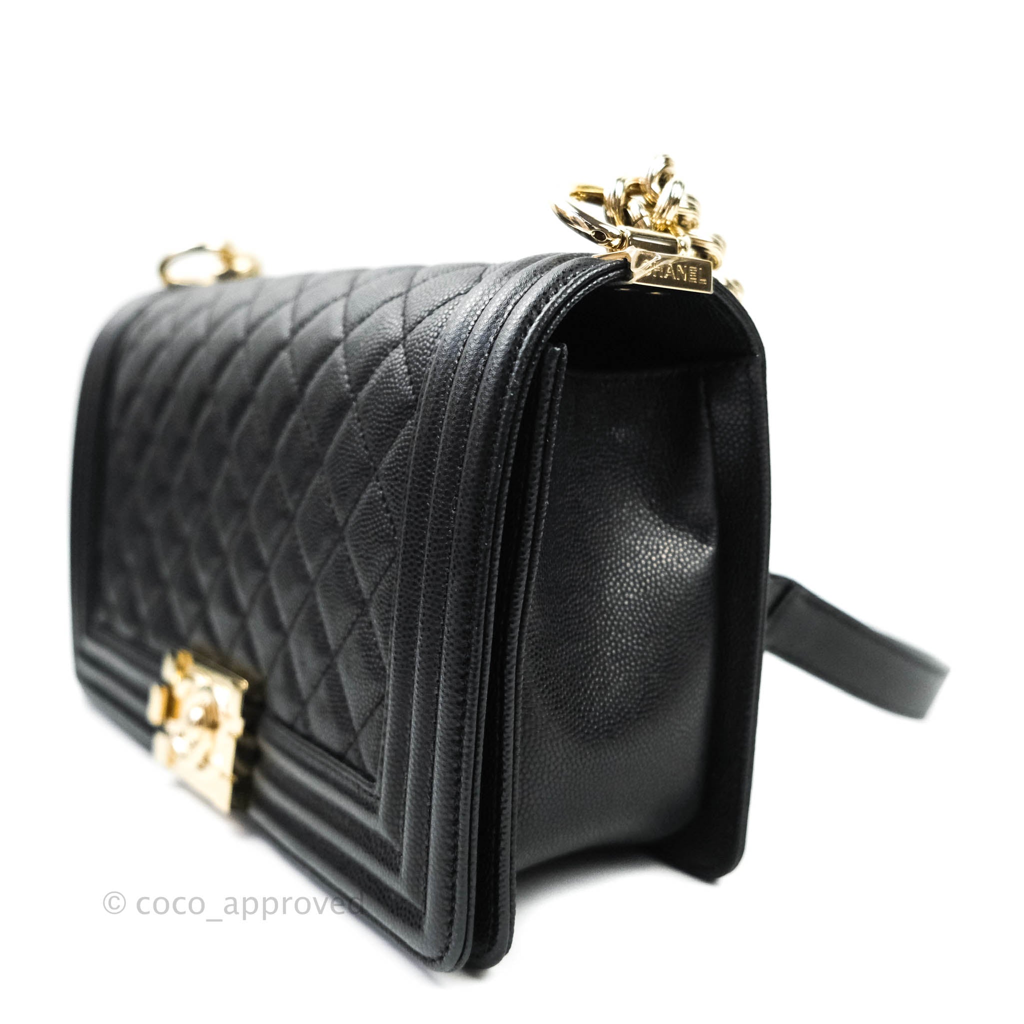 Chanel Boy Quilted Medium Handbag in Black Caviar Leather with Gold Hardware - Perfect for Evening Events, Parties & Luxury Fashion Accessories