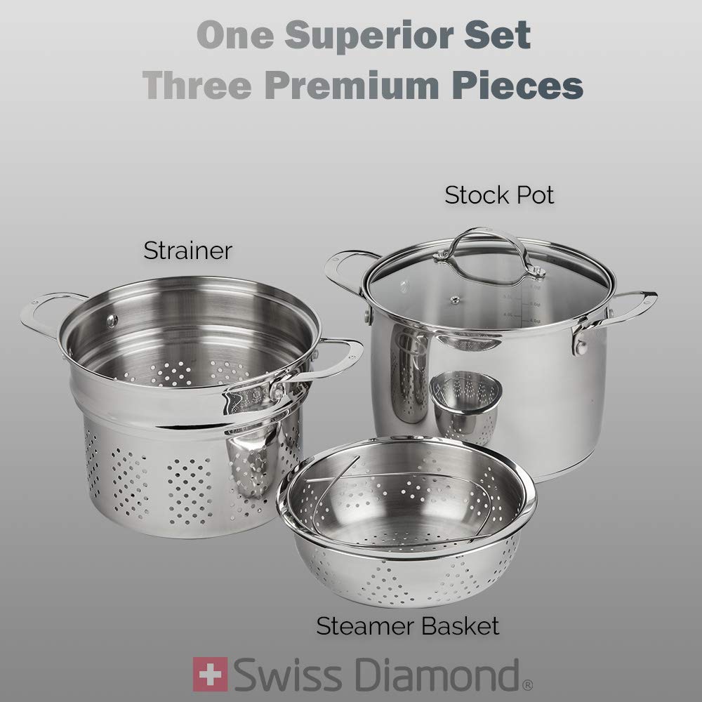 Swiss Diamond 3-in-1 Stainless Steel Cookware Set – 7.6 Quart Stock Pot, Cooking Pot & Pasta Pot with Strainer, Vegetable Steamer Basket & Lid – Oven Safe, Dishwasher Safe with Stay-Cool Handles – Perfect for Soups, Stews & Pasta Cooking