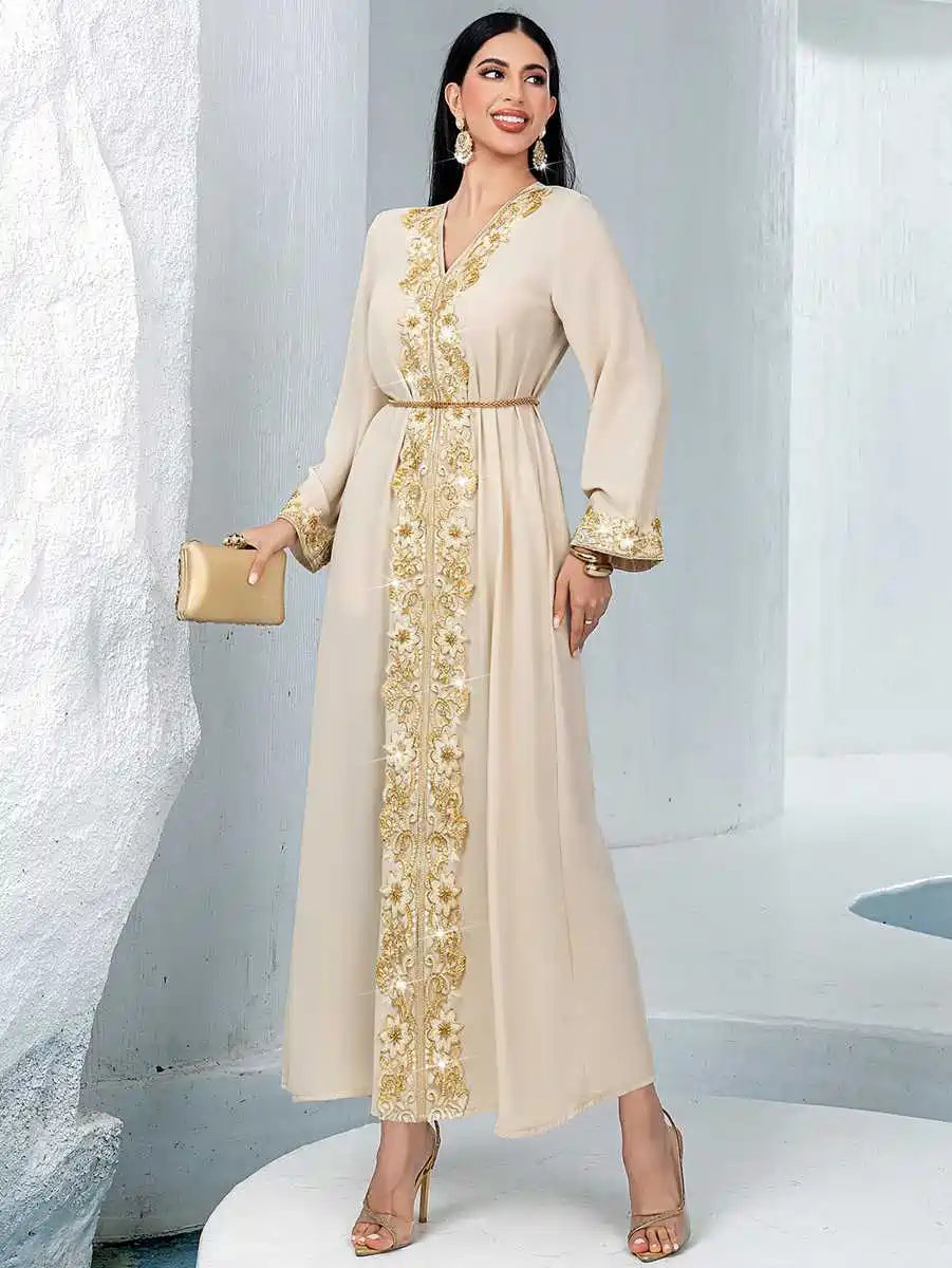 Elegant Eid Kaftan Dress with Embroidery Lace - Women's Flowy Caftan for Special Occasions - Perfect for Eid Celebrations, Weddings, and Summer Parties