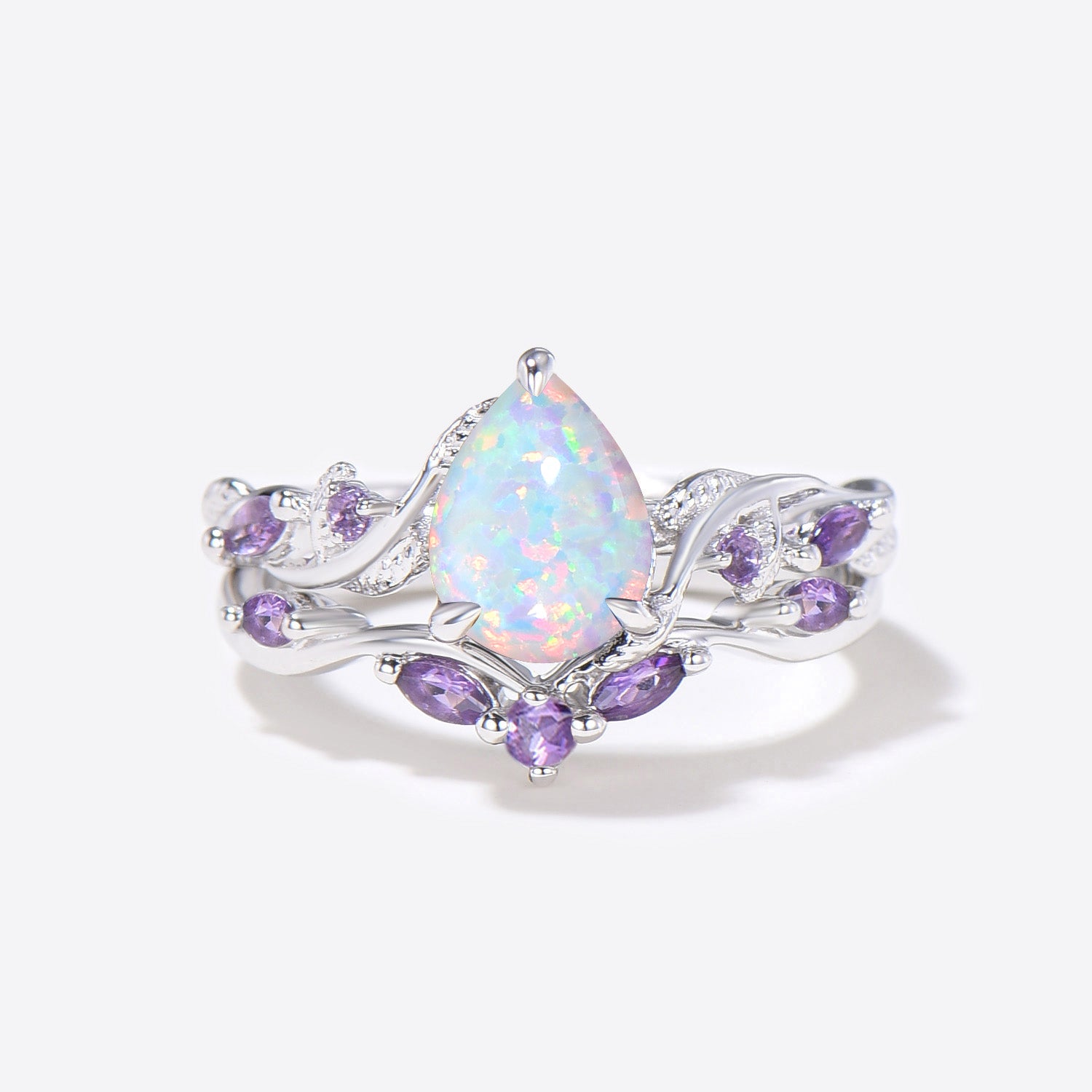 Teardrop Cut White Opal Engagement Ring with Amethyst Accents - Nature Inspired Bridal Jewelry Set for Wedding, Proposal & Anniversary Gifts