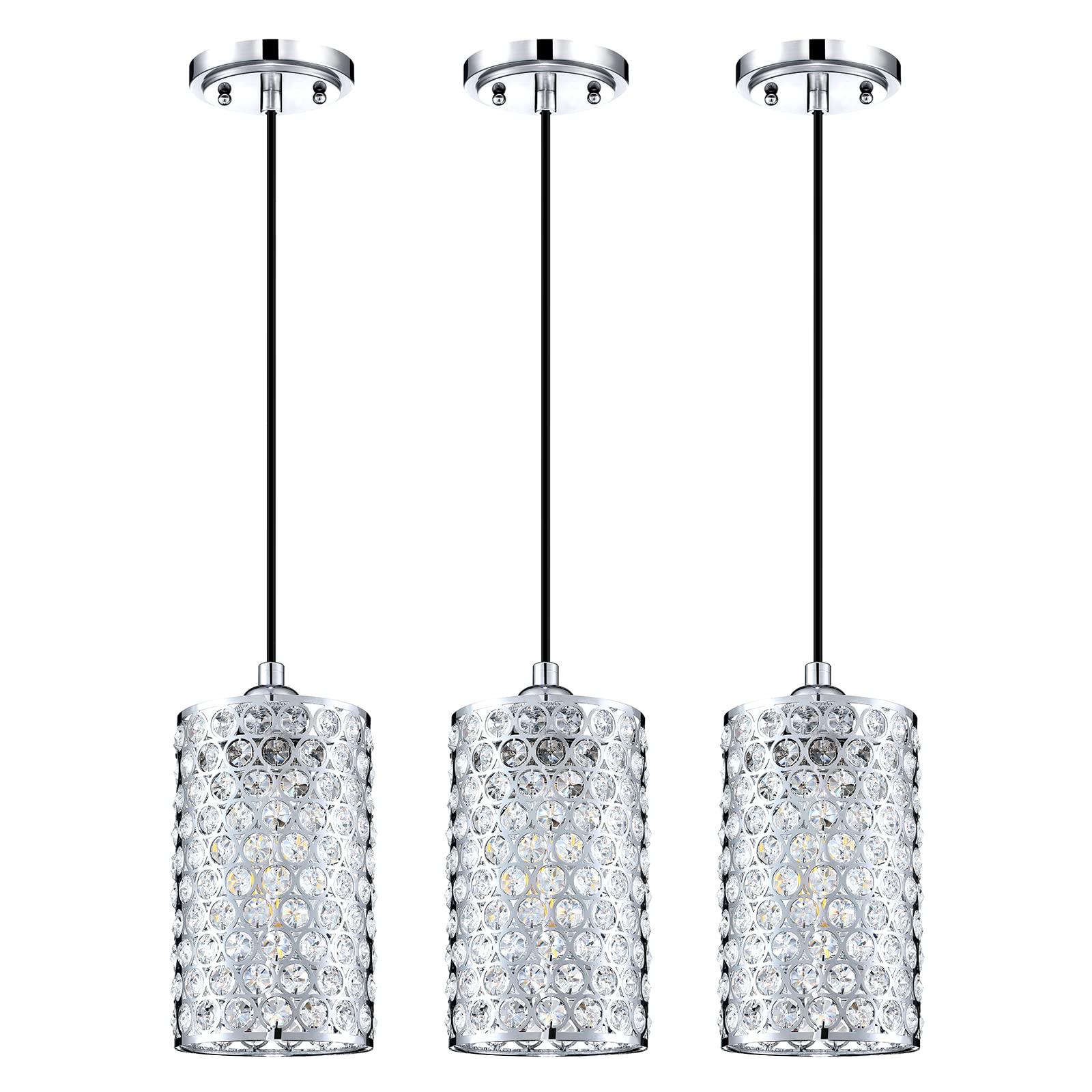 3 Pack Modern Chrome Finish Crystal Pendant Light with Opal Polyhedral Shade - Elegant Dining Room, Corridor & Living Room Ceiling Lighting Fixture (LED Bulb Not Included) | Perfect for Home Decor, Restaurant Ambiance and Hotel Lobby Lighting