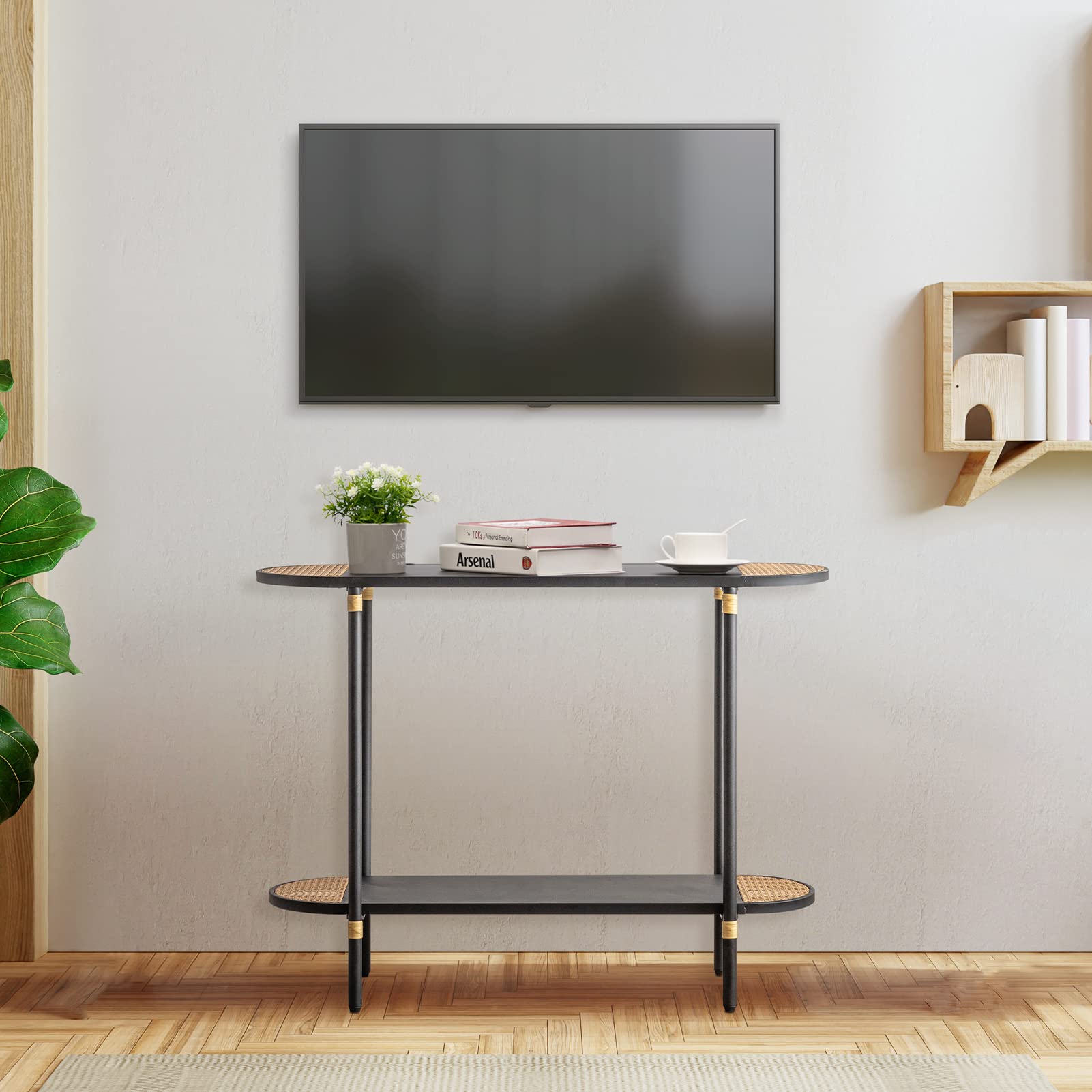 HollyHOME Black Metal Console Table with Rattan Decor - 42.32