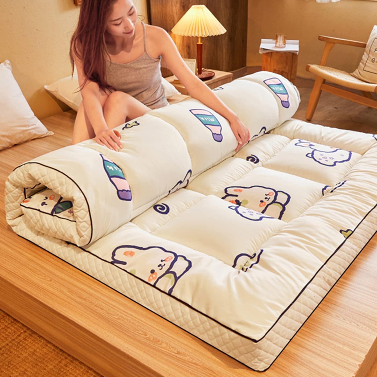 Japanese Futon Mattress - Thick Roll-Up Tatami Floor Mattress for Winter, Quilted Portable Sleeping Pad (150x200cm/59x79in) - Ideal for Camping, Guest Beds, Couches & Small Spaces - Rabbit Print Design