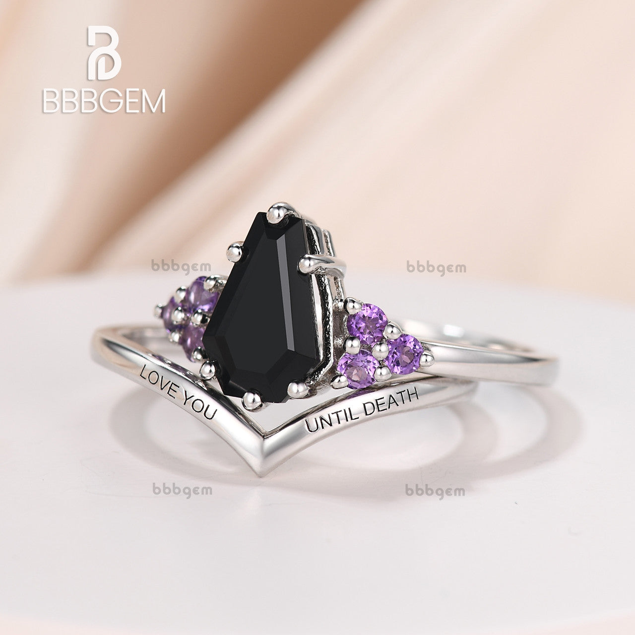 Black Onyx Coffin Promise Ring with Amethyst Side Stones - Engraved White Gold Nesting Band - Gothic Jewelry for Women, Couples & Alternative Fashion Lovers