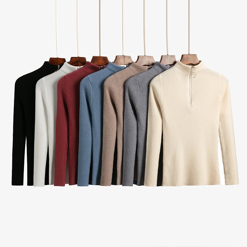 Vintage Solid Knitted Long Sleeve Zip-Up Half Turtleneck Sweater for Women - Cozy Winter Pullover for Casual Outfits & Office Wear