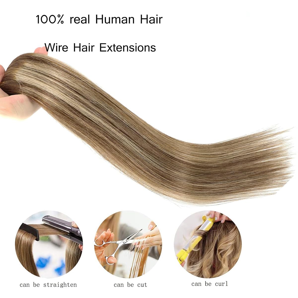 RECOOL 20 Inch Real Human Hair Extensions - Balayage Chocolate Brown with Golden Blonde Remy Hair, Invisible Wire Clip-Ins for Straight Hair | Perfect for Parties, Weddings & Daily Styling