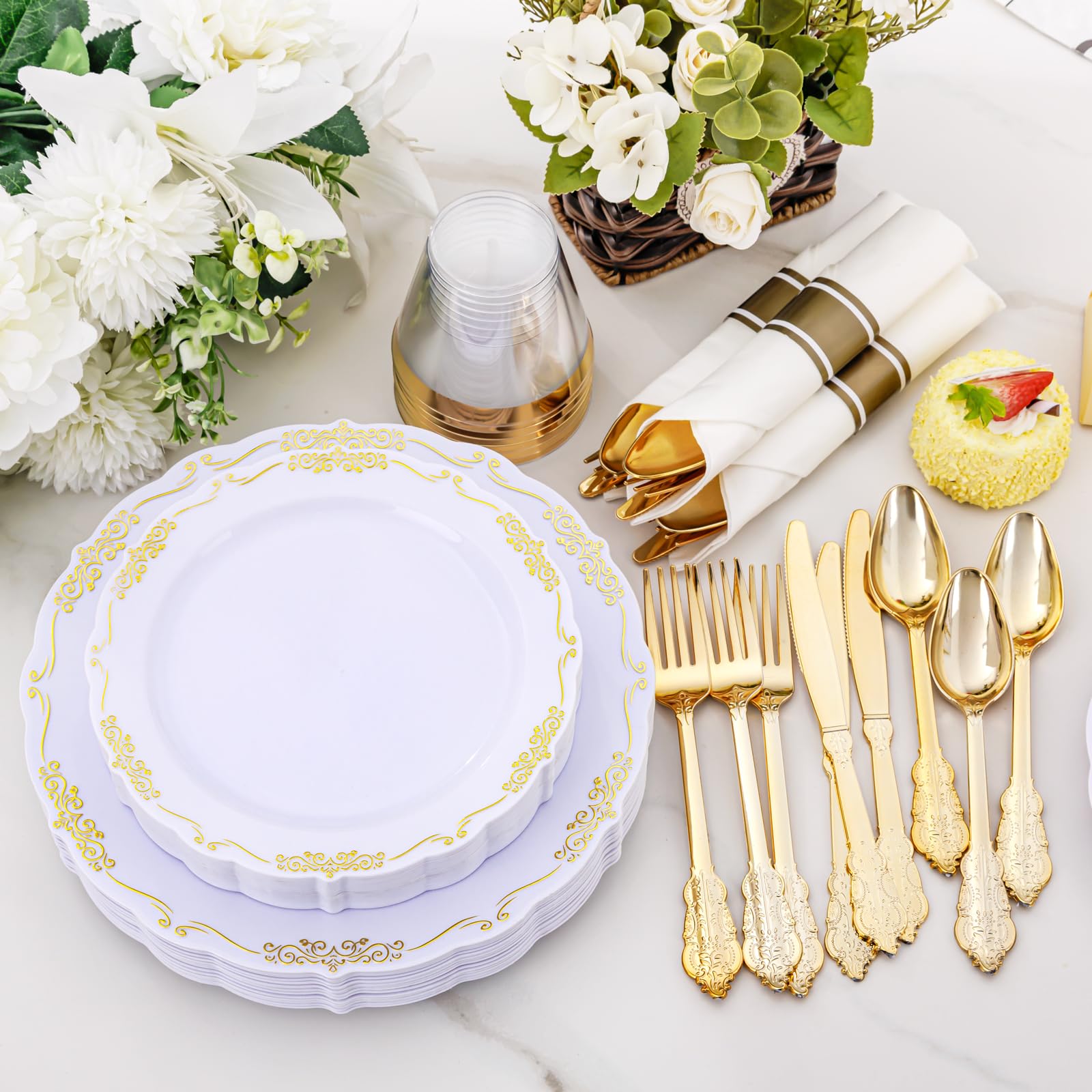175-Piece Gold Plastic Party Dinnerware Set - 25 Dinner Plates, 25 Dessert Plates, 25 Gold Cutlery, 25 9oz Cups & 25 Rolled Napkins - Elegant White & Gold Disposable Tableware for Weddings, Birthdays & Special Events
