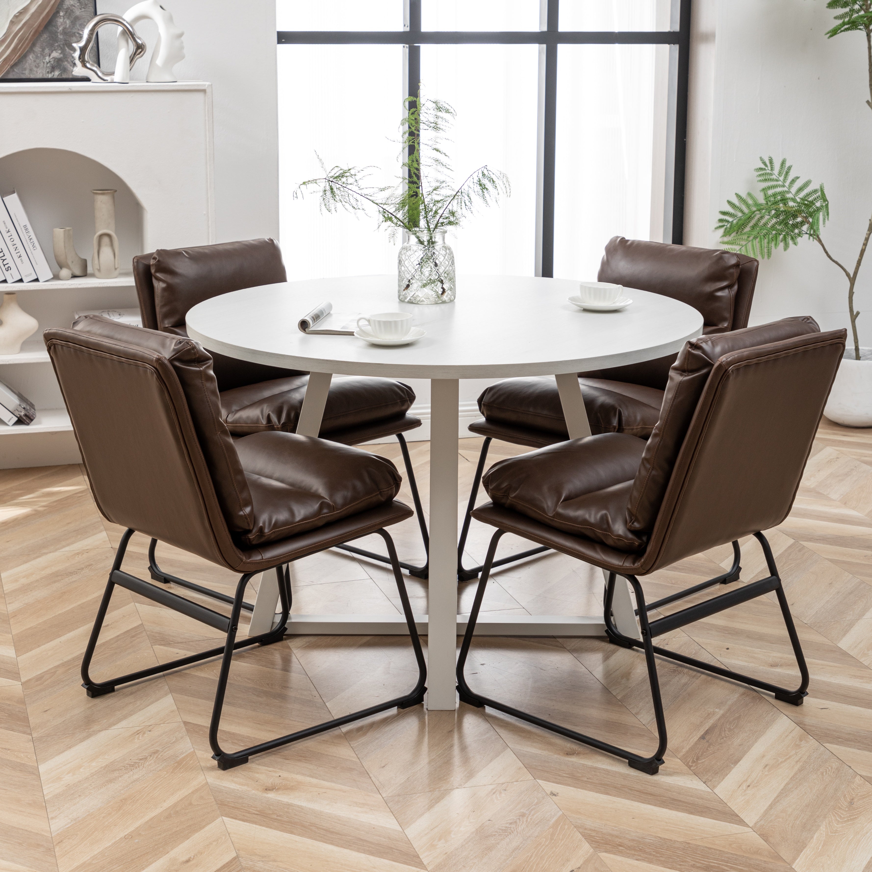 Roundhill Furniture Innes 5-Piece Round Dining Set with Trestle Table & 4 Stylish Chairs - Perfect for Small Spaces, Breakfast Nooks & Cozy Family Meals
