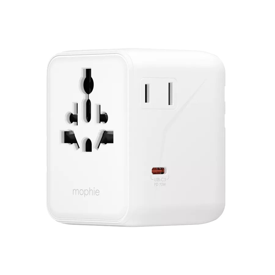 MOPHIE 70W Essential Travel Adapter - Universal USB-C Charger for iPhone, MacBook, Laptop - Compact White Power Adapter for International Travel, Business Trips & Vacation