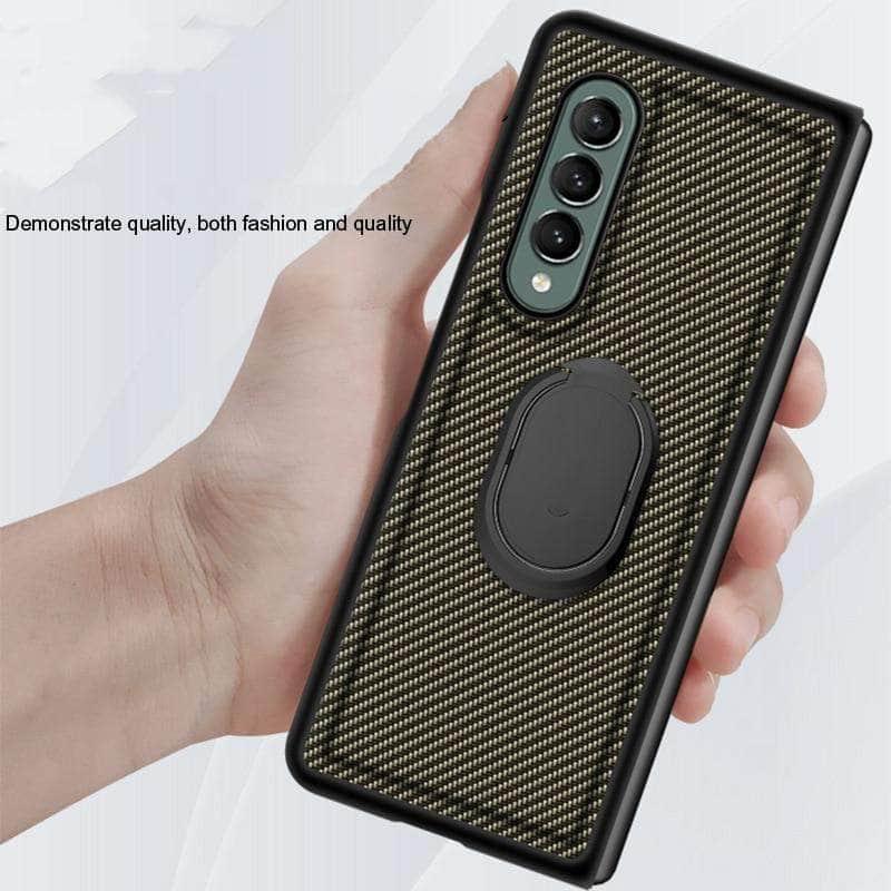 Premium Carbon Fiber Texture Ring Stand Case for Samsung Galaxy Z Fold 3 5G - Protective Cover with Kickstand for Hands-Free Viewing & Secure Grip