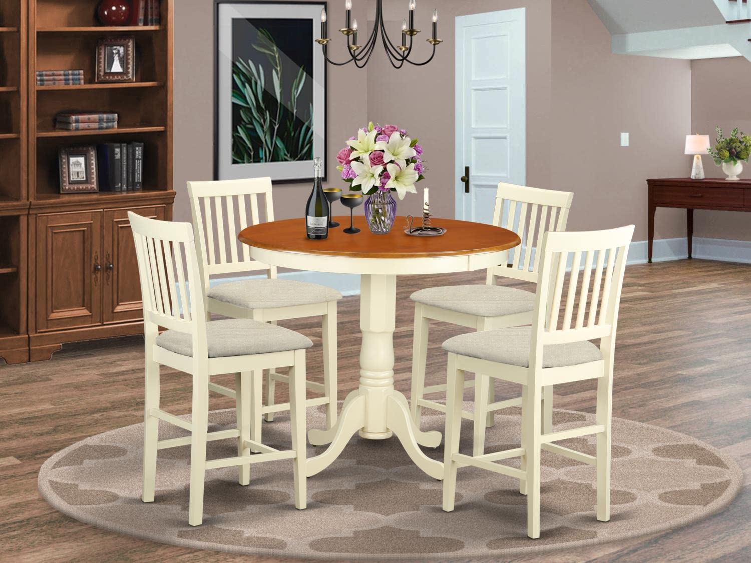 East West Furniture 5-Piece Counter Height Dining Set - 36x36 Inch Round Wooden Table with Pedestal Base & 4 Linen Fabric Chairs in Buttermilk & Cherry - Perfect for Small Kitchens, Breakfast Nooks, and Modern Dining Spaces