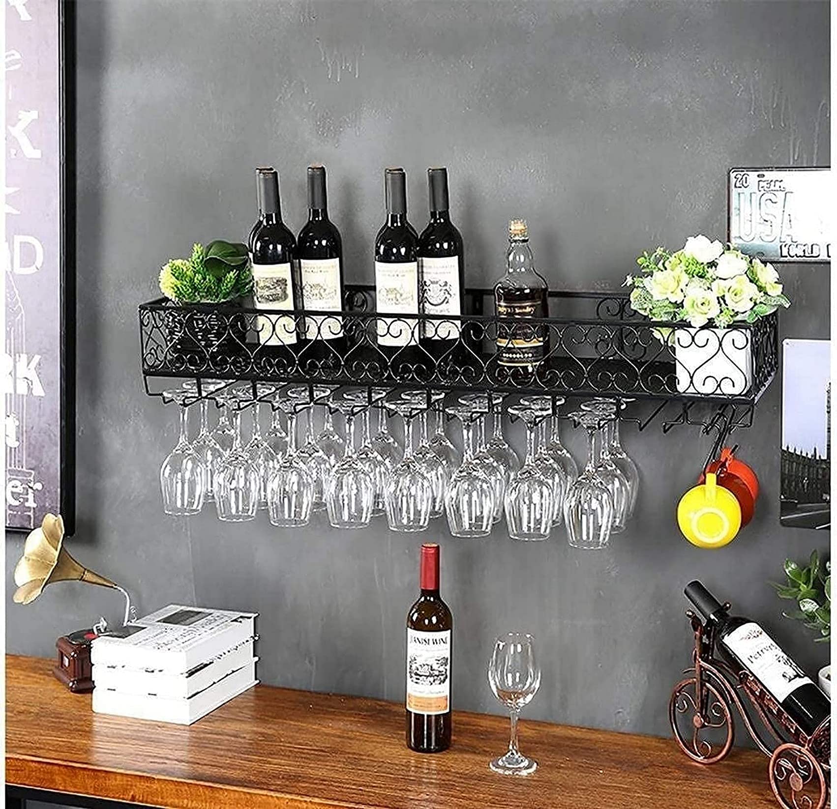 Vintage Wall Mounted Wine Rack & Glass Holder - 120X25Cm Black Metal Wine Bottle Storage Organizer for Kitchen, Bar, Dining Room & Home Decor