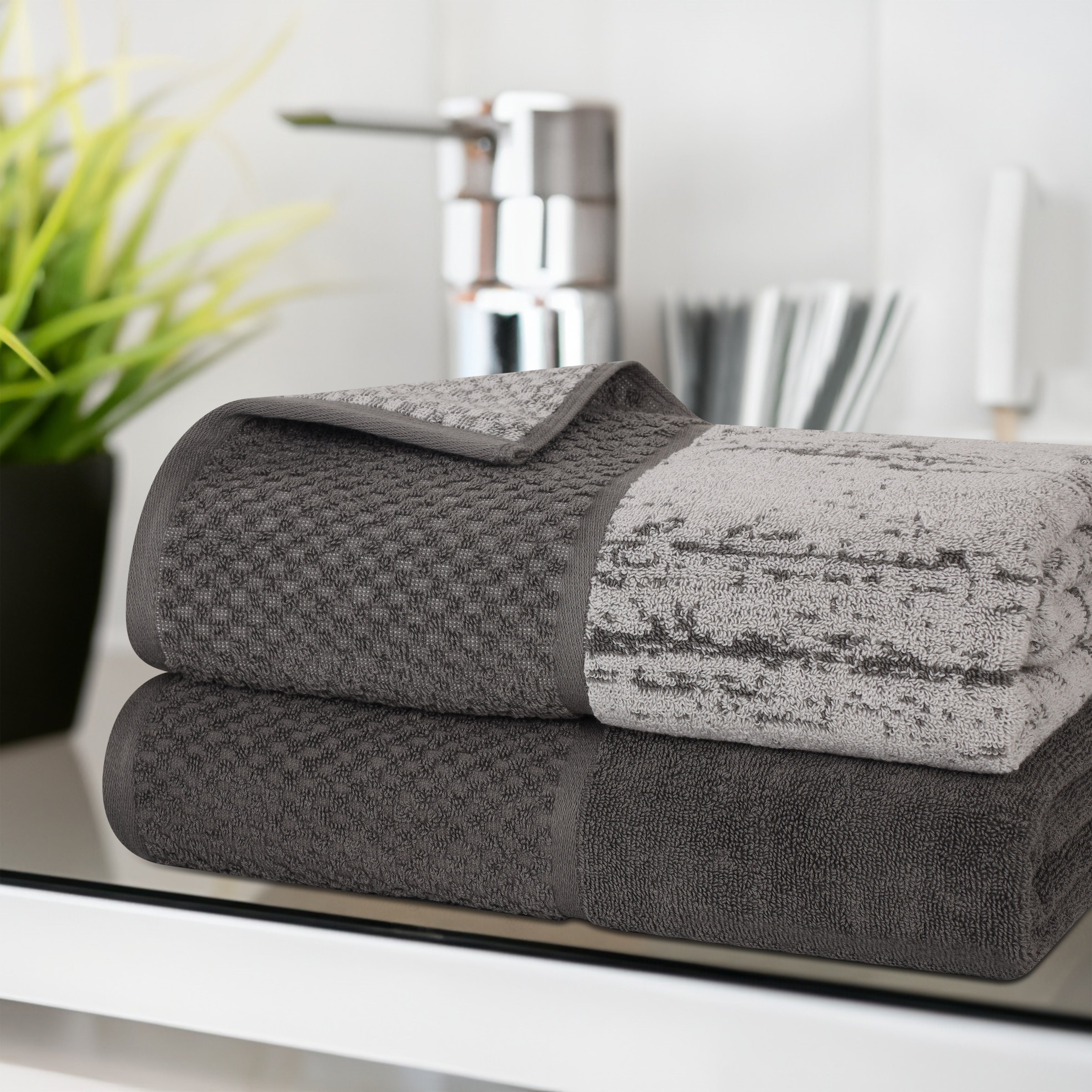 Premium Cotton Plush Jacquard Bath Towel Set of 2 - Ultra Soft & Absorbent Solid & Two-Toned Luxury Bath Sheets for Spa, Hotel & Home Use