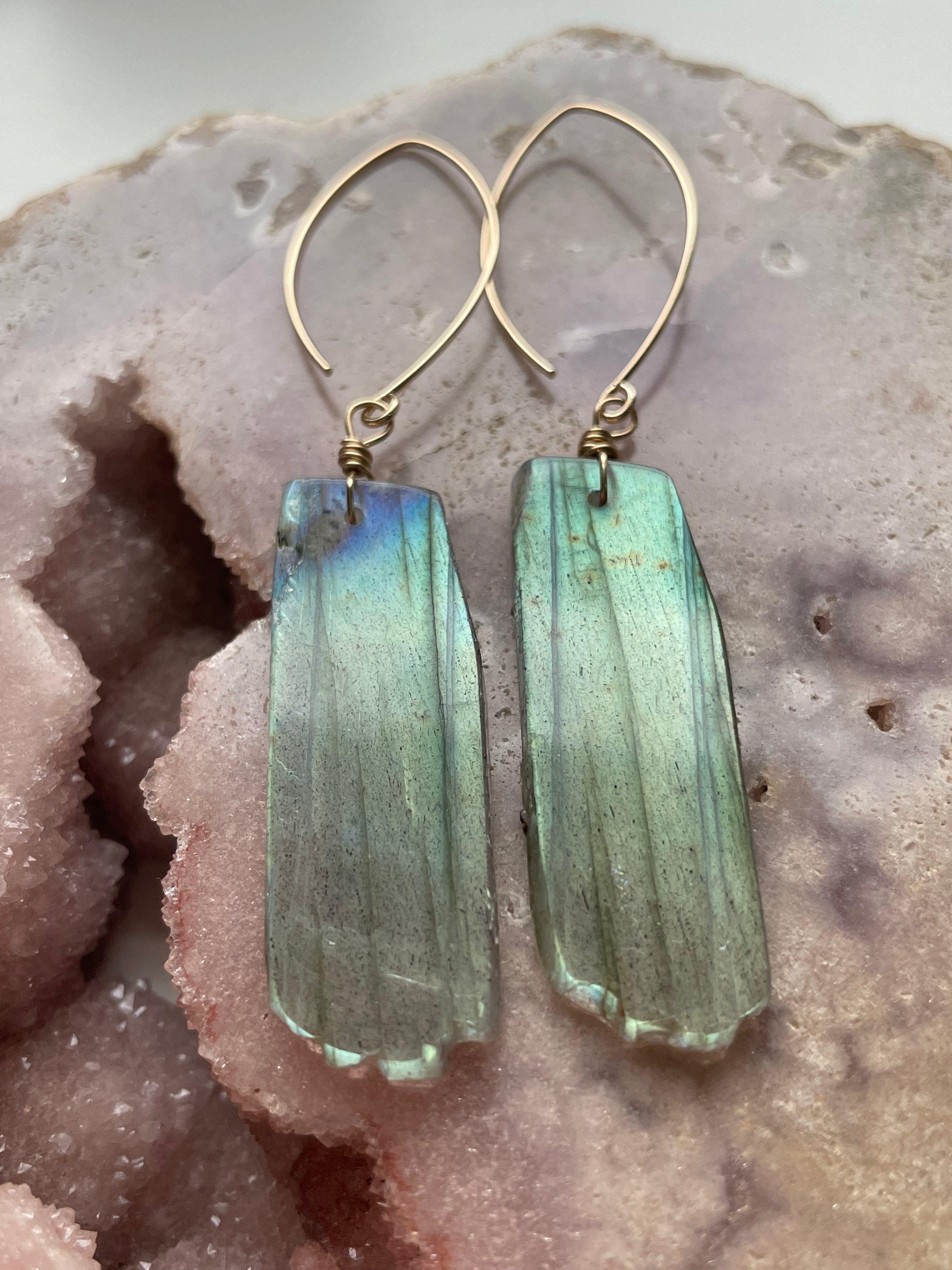 Gold Labradorite Dangle Drop Crystal Earrings for Women - Elegant Gemstone Jewelry for Party, Wedding & Evening Wear