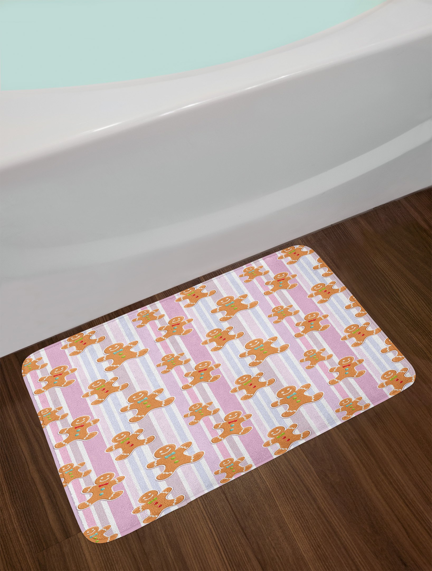 Ambesonne Gingerbread Man Bath Mat - Non-Slip Plush Bathroom Rug with Pastel Striped Bakery Xmas Design, 30.2 x 20 Inches, Pink Pale Coffee - Perfect for Holiday Decor, Christmas Gift & Cozy Bathroom Upgrade