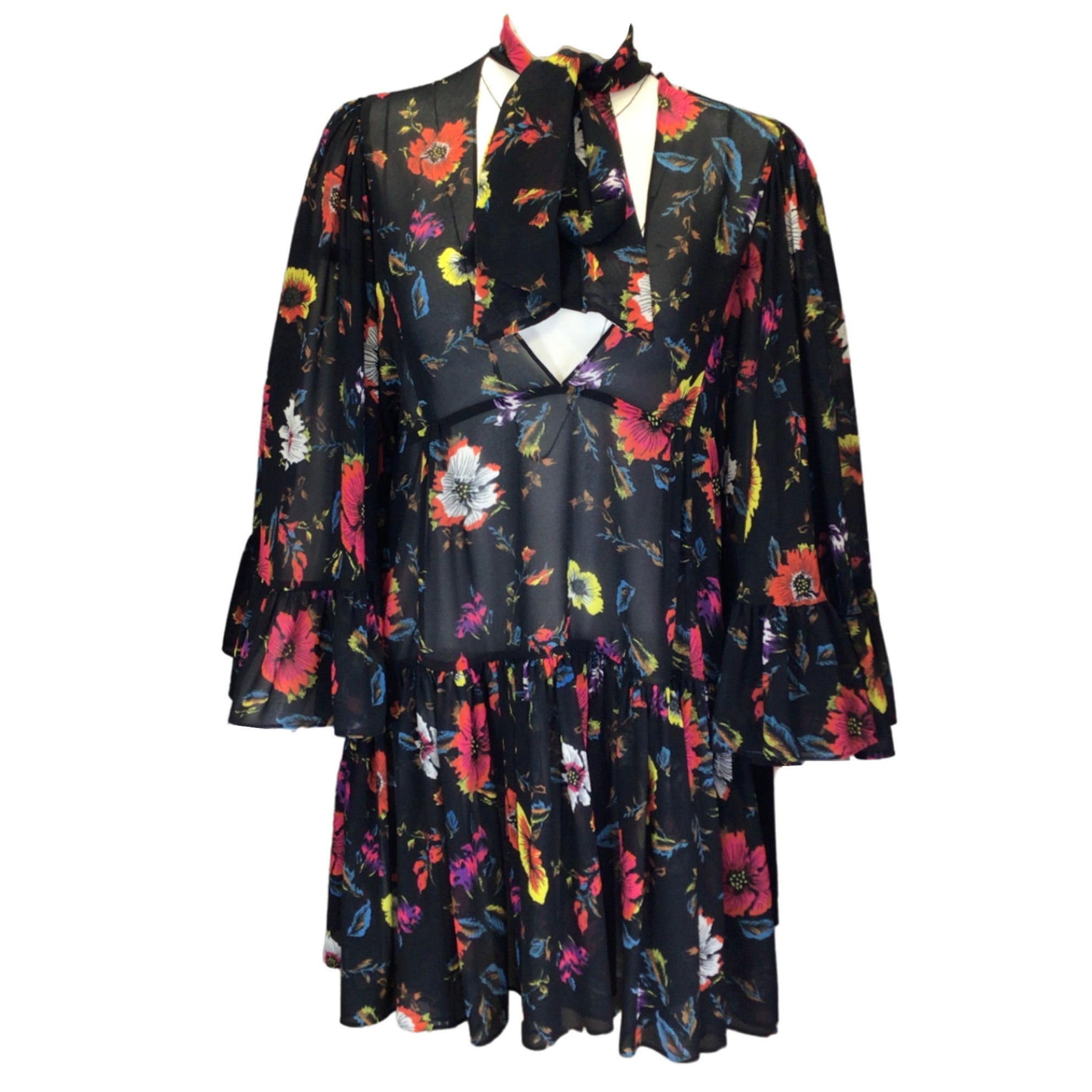 McQ by Alexander McQueen Black Multi Floral Printed Tie Neck Ruffled Silk Dress for Women | Elegant Evening Gown for Parties, Weddings & Special Occasions