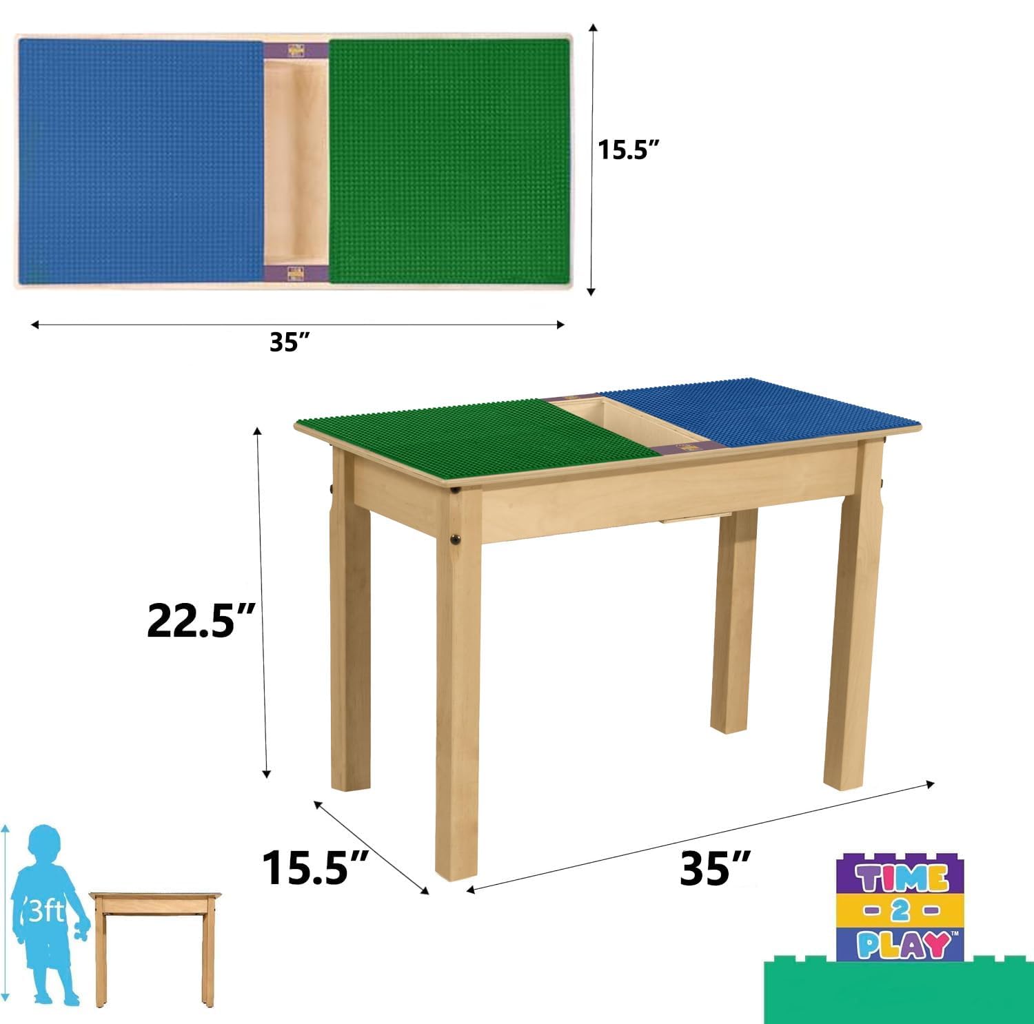 Time-2-Play Kids Activity Play Table - Compatible with Lego Bricks, Durable Birch Plywood Construction, 35