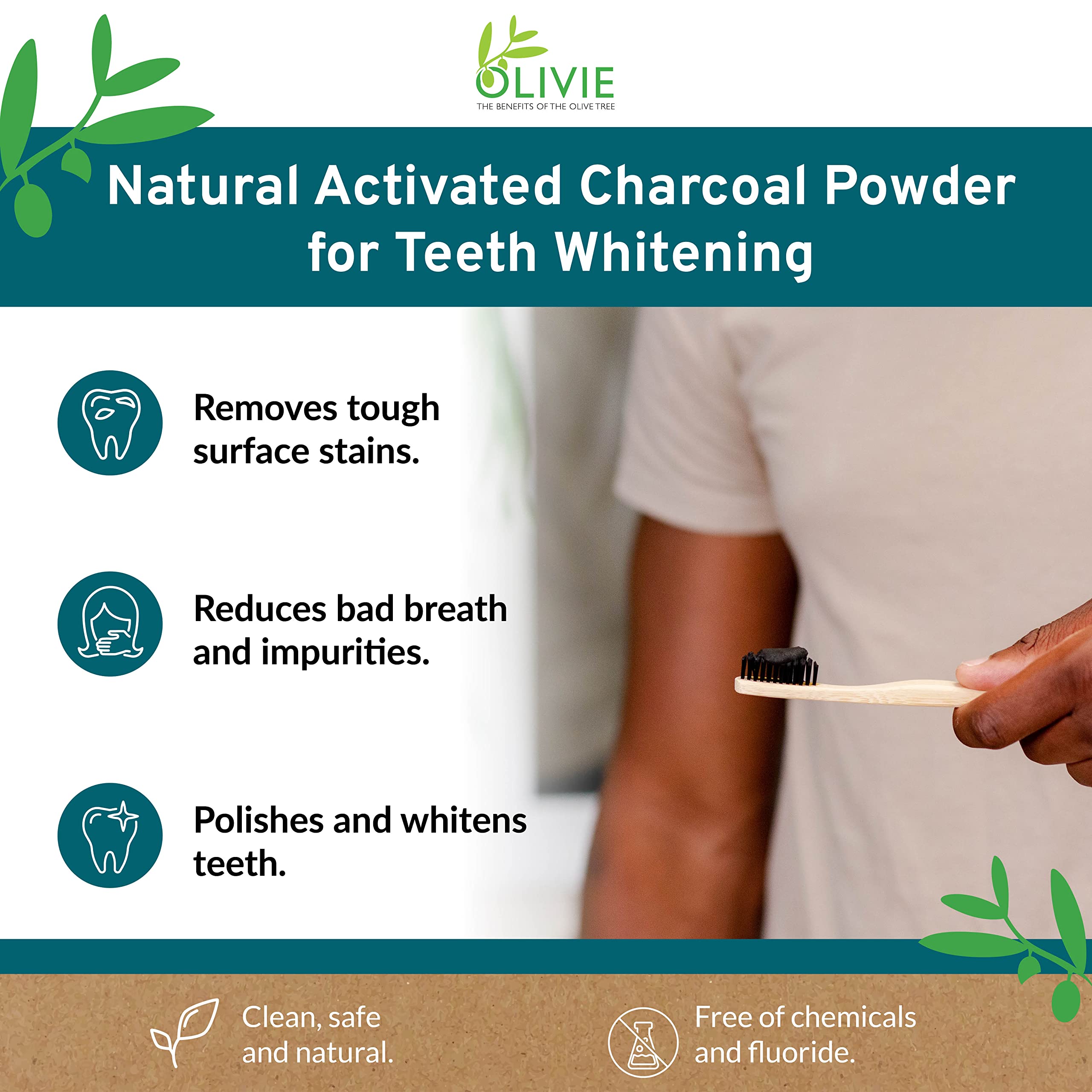 Olivie Smile Organic Activated Charcoal Powder for Teeth Whitening - Natural Toothpaste Alternative, Fluoride & Chemical Free (1.8 oz) | Whitens Teeth, Freshens Breath | Perfect for Daily Oral Care & Natural Smile Enhancement