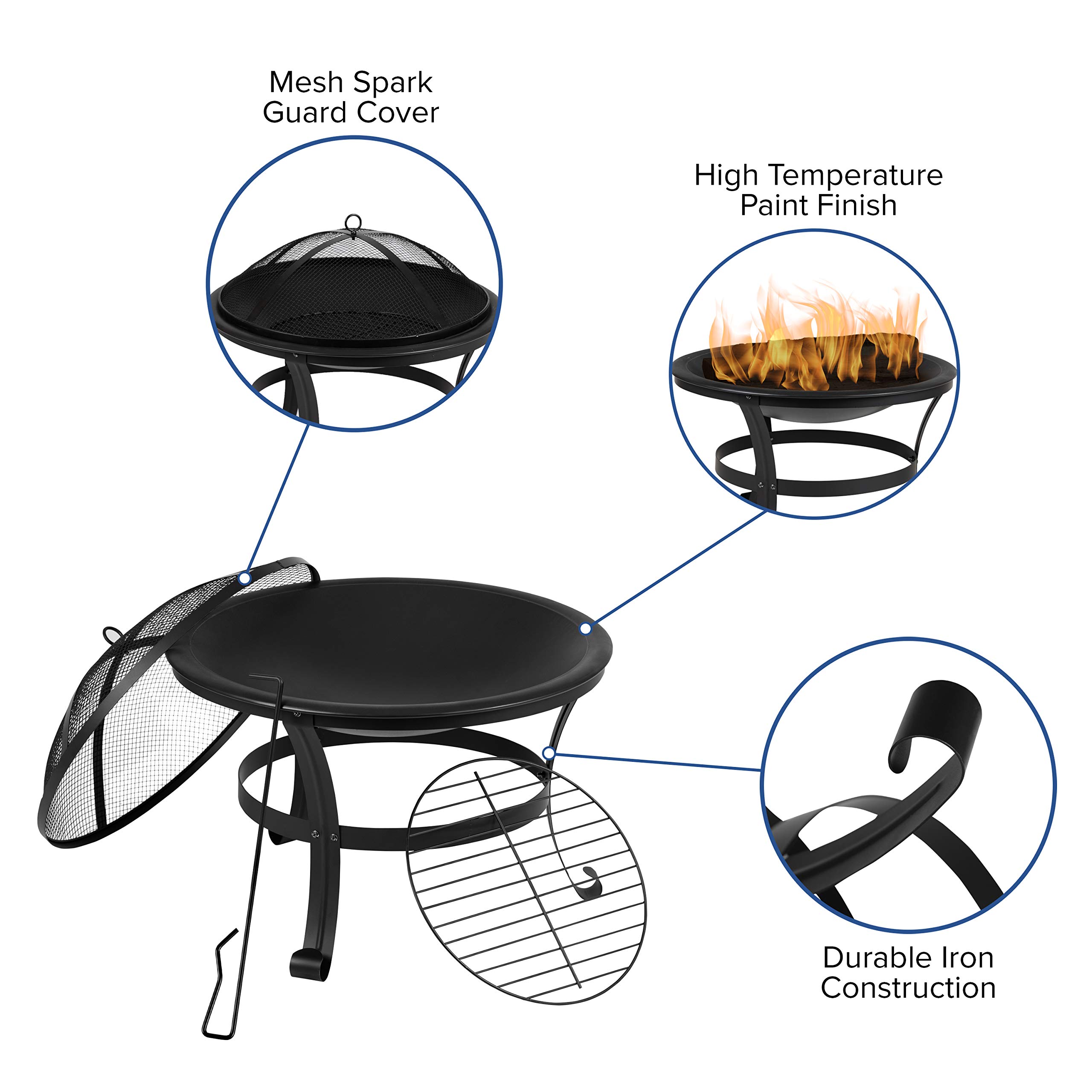 EMMA + OLIVER 2-Piece Marcy Adirondack Rocking Chairs with Fire Pit Set - Durable Black Polyresin Construction & Metal Wood Burning Fire Pit - Includes Spark Screen & Poker Tool - Perfect for Patio, Garden, Backyard, and Outdoor Relaxation