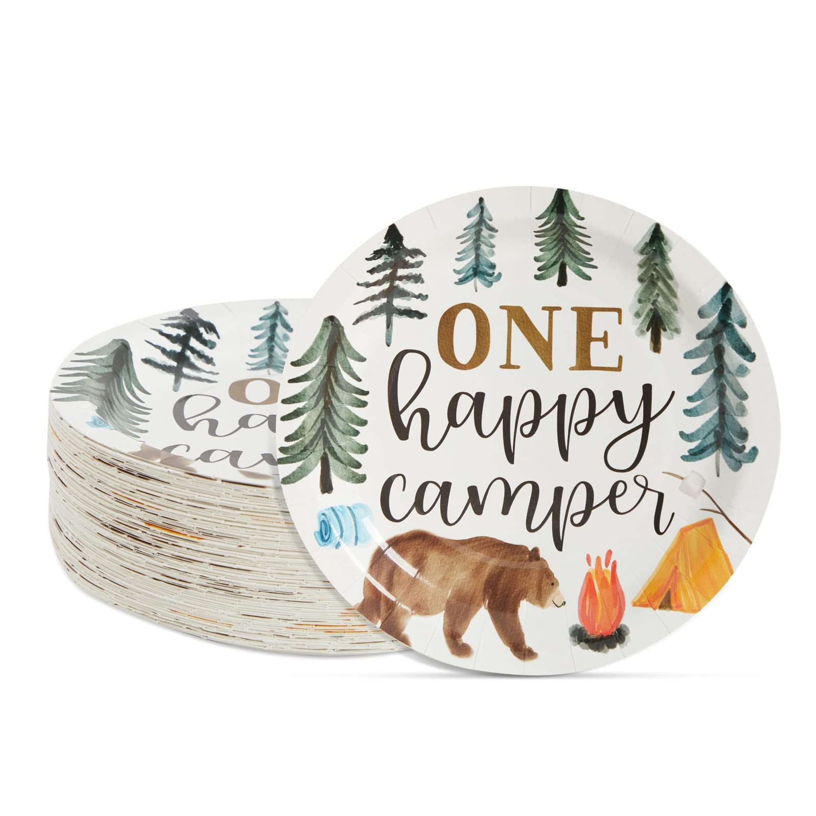 BLUE PANDA 80 Pack Disposable Camping Party Plates - 9 Inch Forest Themed Dinnerware for Birthday Decorations, Baby Showers & Outdoor Events - Perfect for Camping Themed 1st Birthday, Happy Camper Party & Picnic Supplies