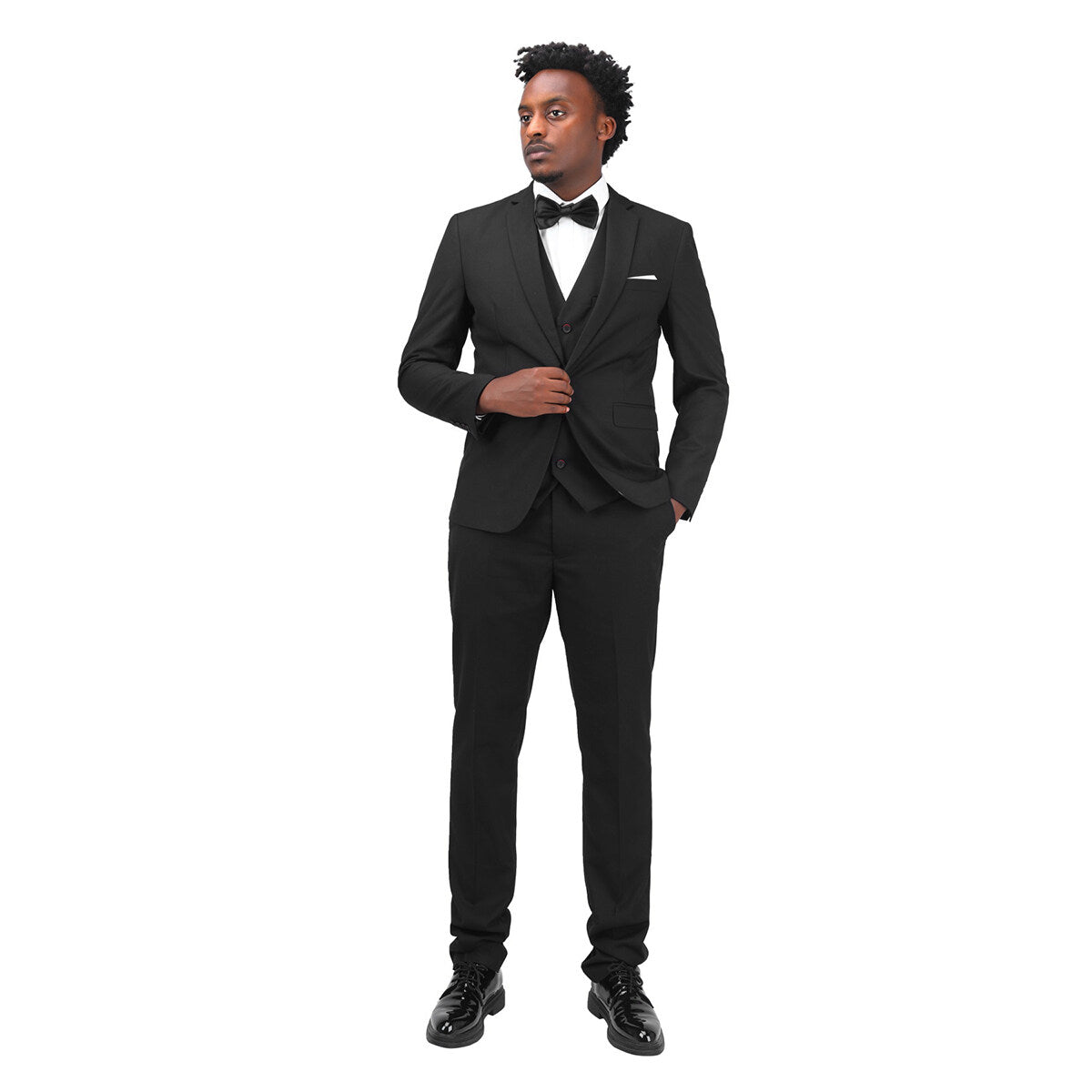 3 Piece Slim Fit Solid Color Jacket & Formal Suit Set for Men - Perfect for Weddings, Business Meetings & Special Occasions - Classic Black