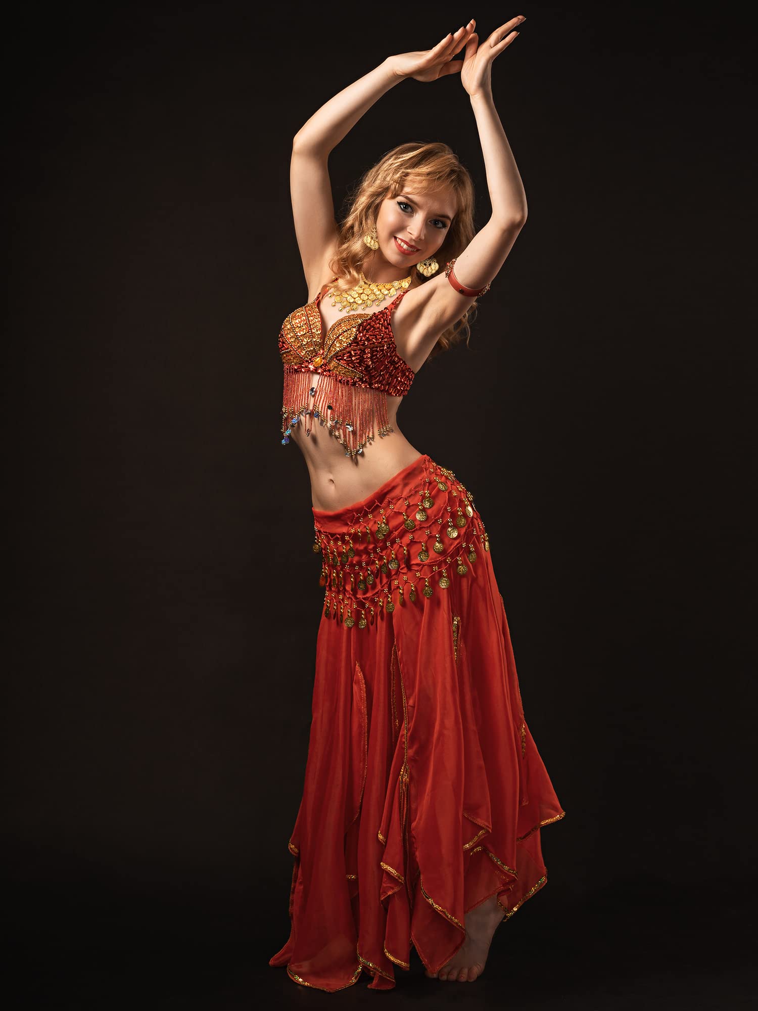 Hicarer Women's Belly Dance Costume Set - Gold Hip Scarf Wrap Belt, Necklace & Earrings for Gypsy, Cosplay, Halloween and Performance