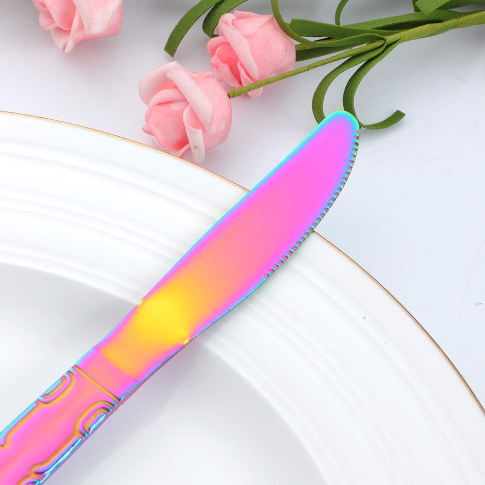 12-Piece Rainbow Stainless Steel Dinner Knives Set - Colorful Titanium Plated Silverware with Flower Edge, 8.6 Inch Multi-Color Flatware for Parties, Weddings & Elegant Dining