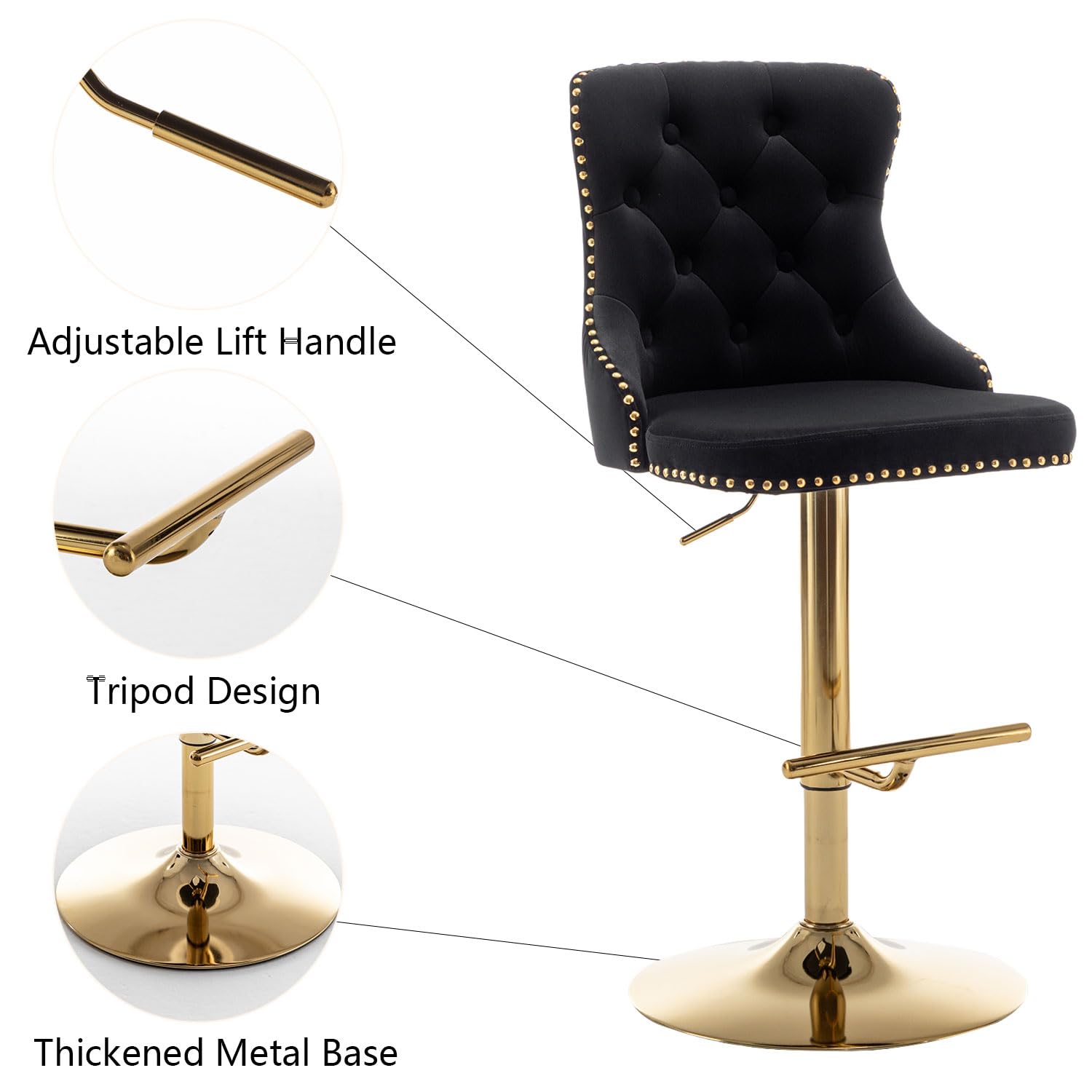 Gold Velvet Bar Stools Set of 4 - Swivel Counter Height Barstools with Nailhead Trim & Button Tufting - Adjustable Stools for Kitchen Island, Pub, Club - Perfect for Home Bar, Dining Room & Entertainment Areas (Black)