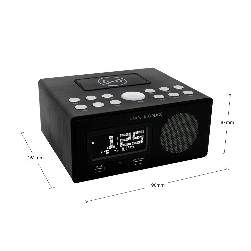 HANNLOMAX HX-202Qi Wireless Charging Alarm Clock Radio with Bluetooth, 10W Fast Charging, Dual USB Ports, Temperature Display & Nightlight - Perfect for Bedroom, Office, Travel (Black)