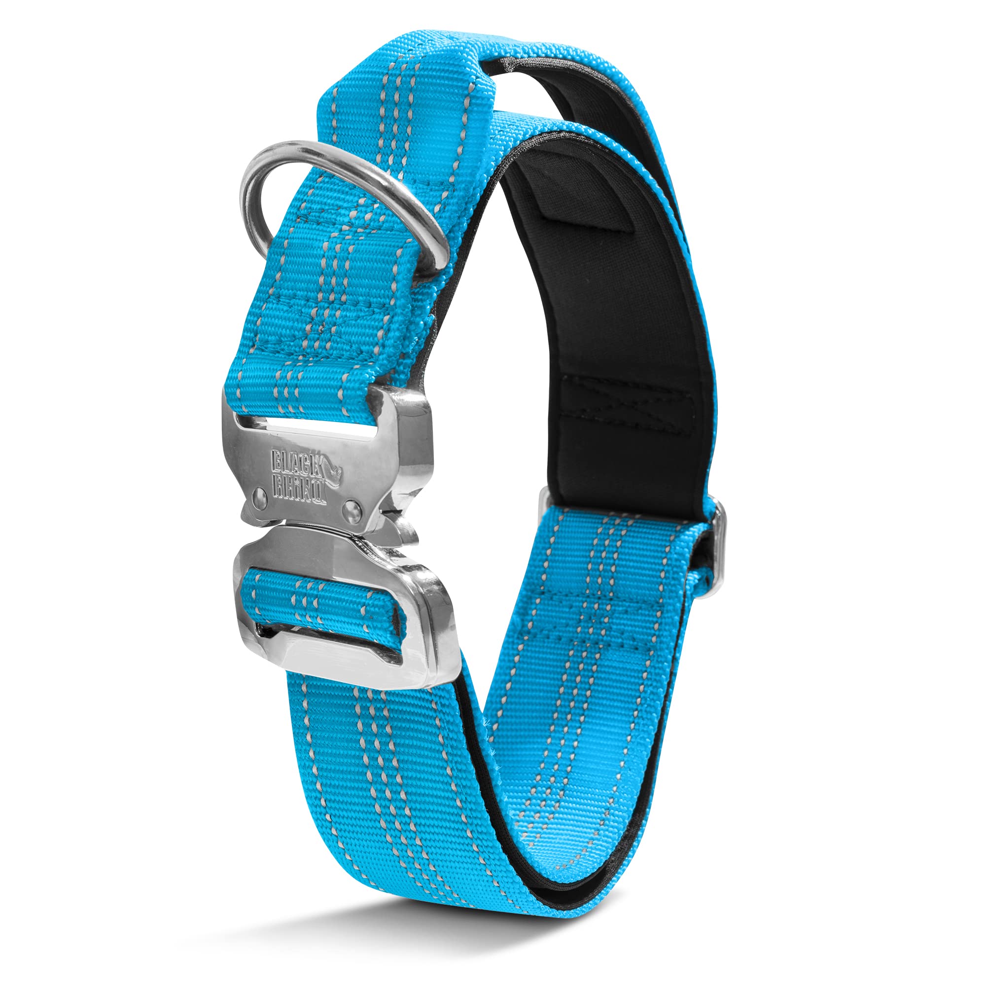 Black Rhino Tactical Dog Collar - Ultra-Soft Neoprene Padded Collar for Medium, Large & XL Dogs | Heavy Duty Metal Buckle | Padded Handle for Training | Perfect for Outdoor Adventures, Hiking & Daily Walks (Large, Sport Blue)