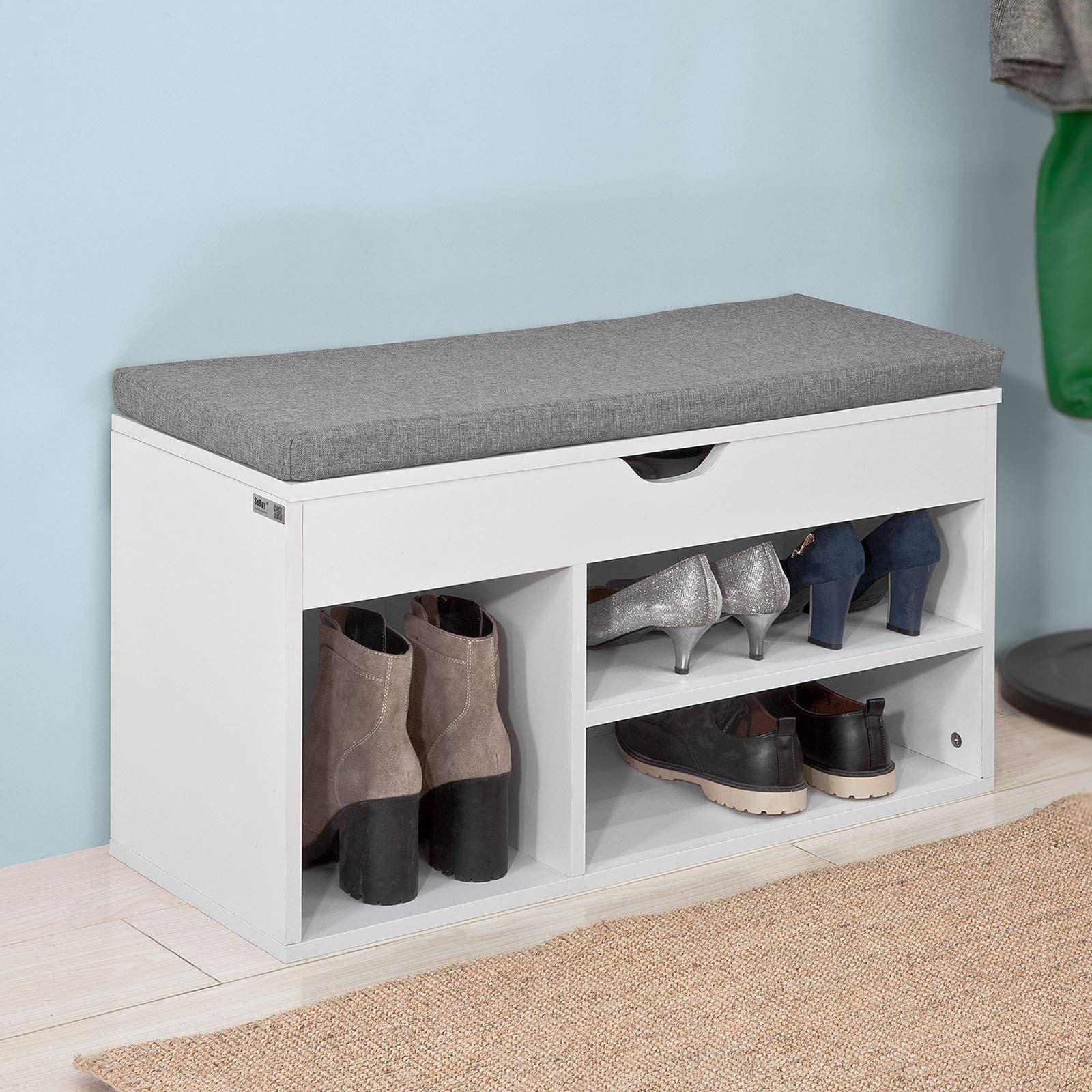 Haotian FSR45-HG Shoe Storage Cabinet with Lift-Up Bench Top & Gray Cushion - Space Saving Shoe Rack Organizer for Entryway, Bedroom, or Closet (White)