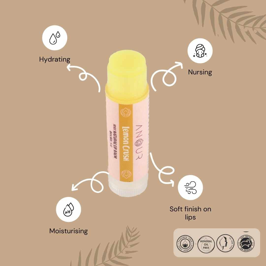 Anour Lemon Essential Oil Lip Balm - Natural Shea Butter, Cocoa Butter & Mango Butter - Vegan Lip Care for Dry, Chapped Lips - Moisturizing Lip Treatment for Men & Women (5g) - Perfect for Winter Skincare, Daily Hydration & On-the-Go Lip Protection