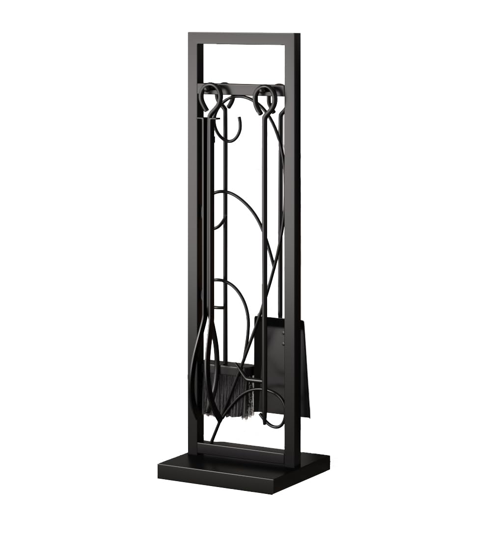 Lizh Metalwork 5-Piece Black Steel Fireplace Tool Set with Stand - Includes Poker, Tongs, Shovel & Brush - Durable Fireplace Accessories for Wood Stove, Fire Pit & Hearth Maintenance