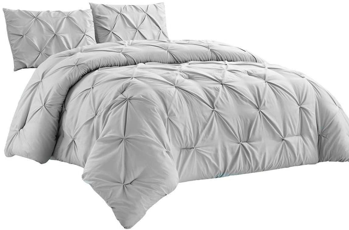 Premium 3-Piece All-Season Goose Down Comforter Set - 500GSM, 600TC 100% Cotton, Pinch Pleated Design with Corner Tabs | Ultra Warm & Lightweight for Full/Queen Bed | Ideal for Cozy Winter Nights & Luxury Bedroom Decor (Silver)