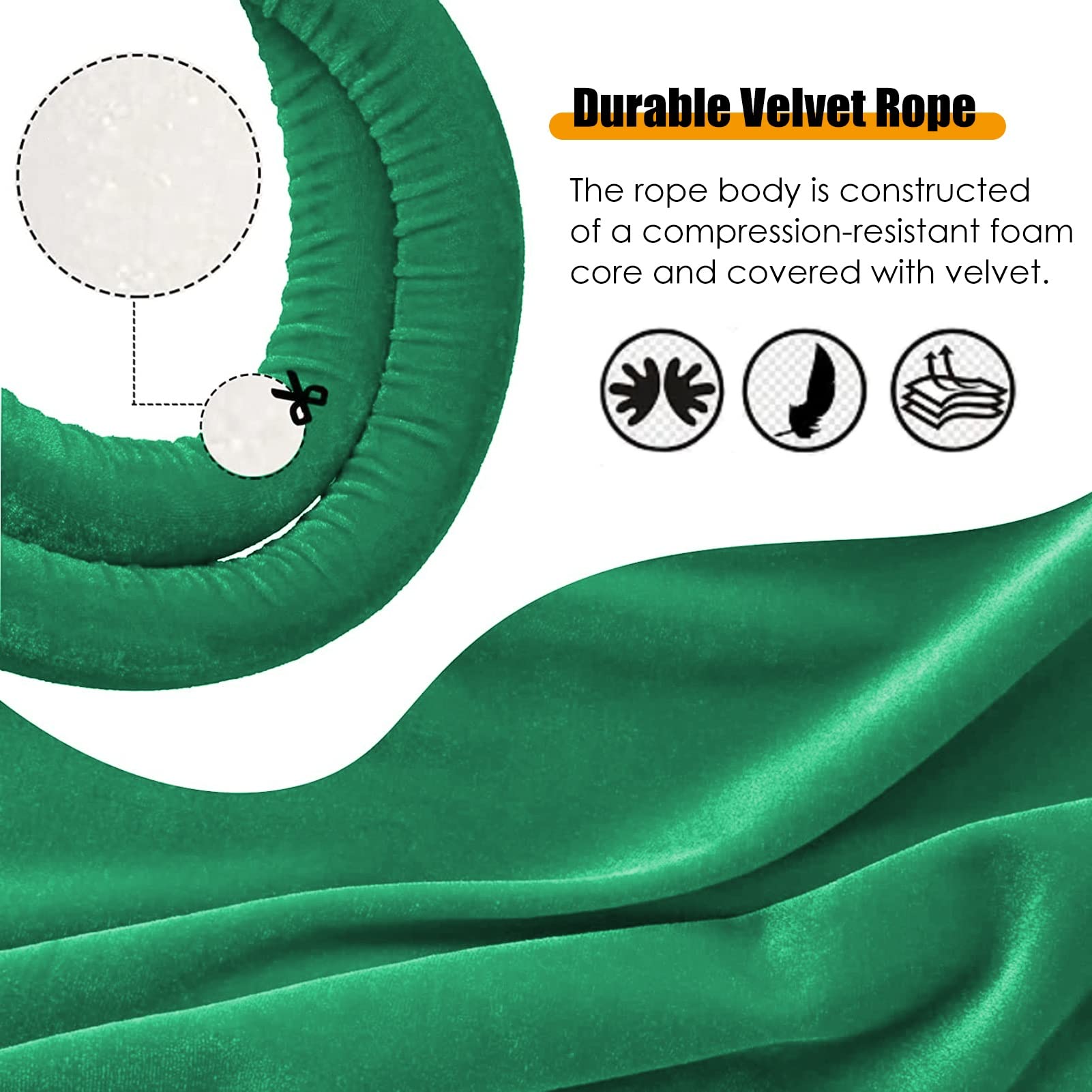 ERRULAN Premium Velvet Stanchion Rope - 2m/6.5ft Green Crowd Control Barrier with Foam Core & Stainless Steel Hooks - Elegant Queue Line Solution for Events, Theaters, Museums and VIP Areas