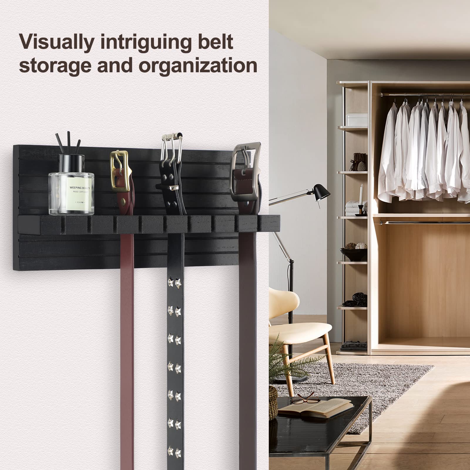 Space-Saving Belt Organizer for Closet - Wall Mount Belt Hanger Holds 9 Belts Securely Without Slipping - Includes Mounting Hardware (11.8”x5.5”x2.5”, Black) - Perfect for Closet Organization, Bedroom Storage & Small Space Living