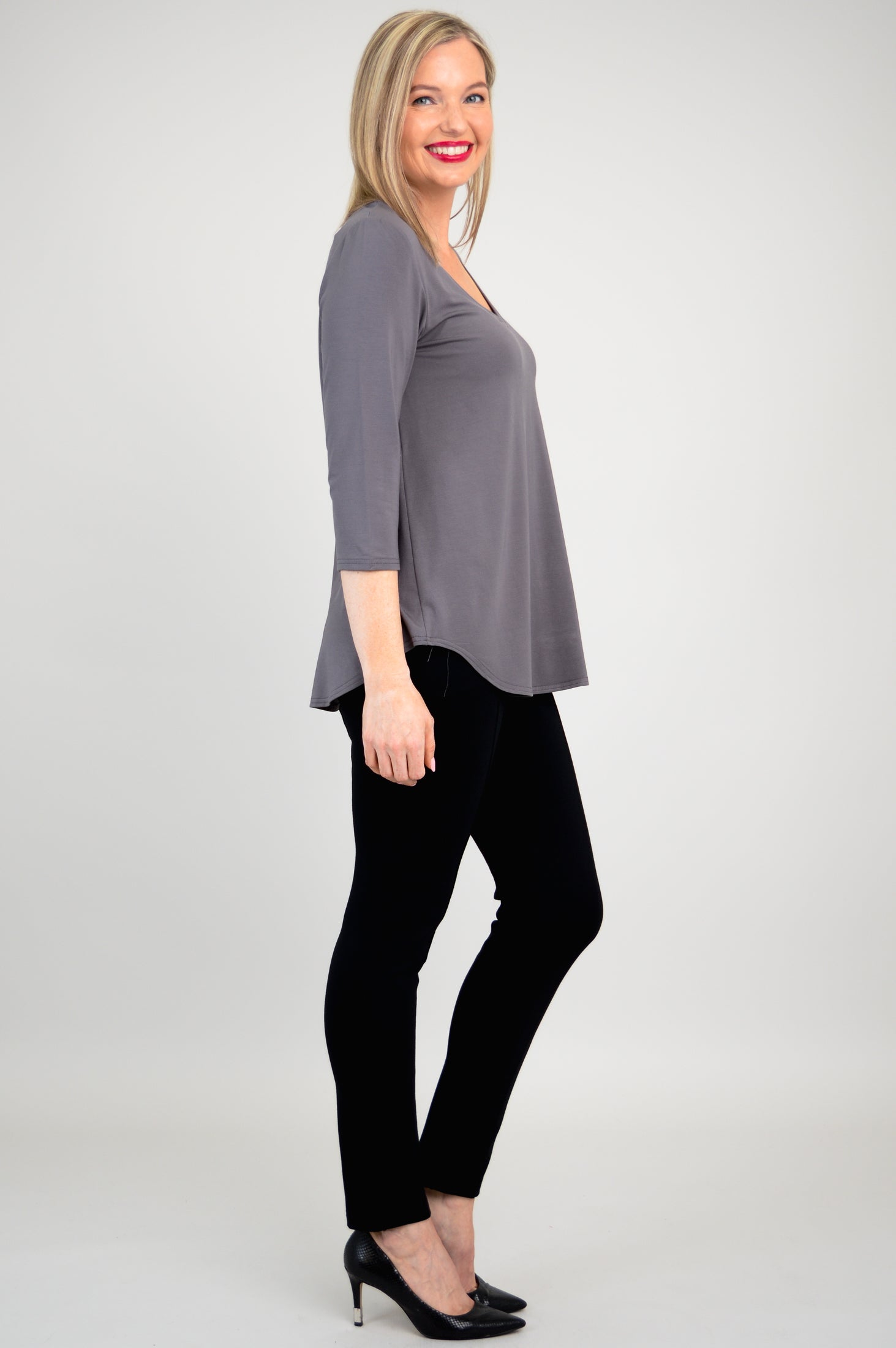 Jackie 3/4 Sleeve Bamboo Top for Women - Soft & Breathable Charcoal Grey Shirt - Perfect for Yoga, Workout & Casual Wear