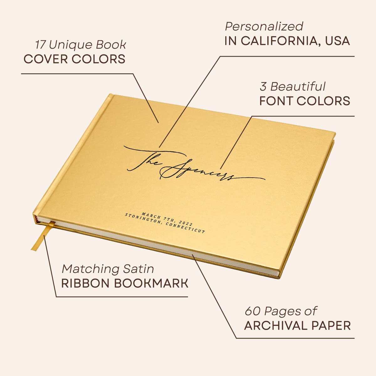 MUJEE Gold Guest Book - Custom Wedding Guestbook, Birthday Party Sign In Book, Event Memory Book with Bookmark & Blank Pages (11.5