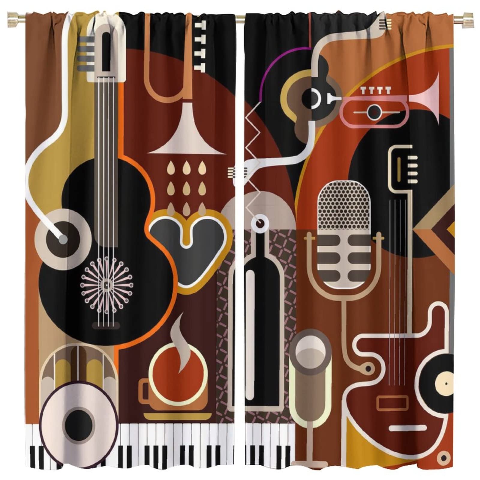 GY Music Blackout Curtains - Modern Abstract Piano Guitar Pattern Window Drapes for Bedroom, Living Room & Kitchen Decor (42x45 Inches) | Soundproof Room Darkening Curtains for Teens & Kids