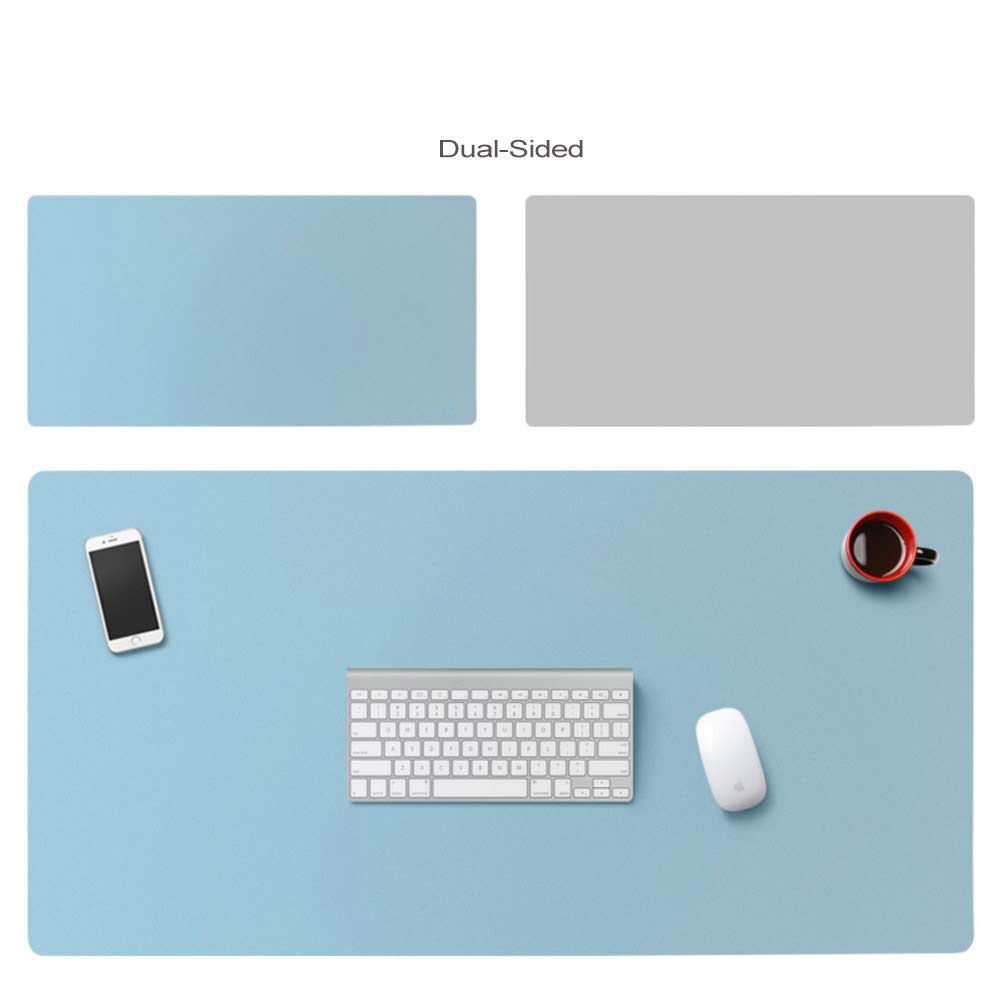 Premium PU Leather Desk Pad Protector - Double-Sided Non-Slip Mouse Pad & Laptop Mat (60x30cm/24x12in) - Waterproof Office & Gaming Surface in Blue & Silver - Perfect for Home Office, Workstation & PC Gaming Setup