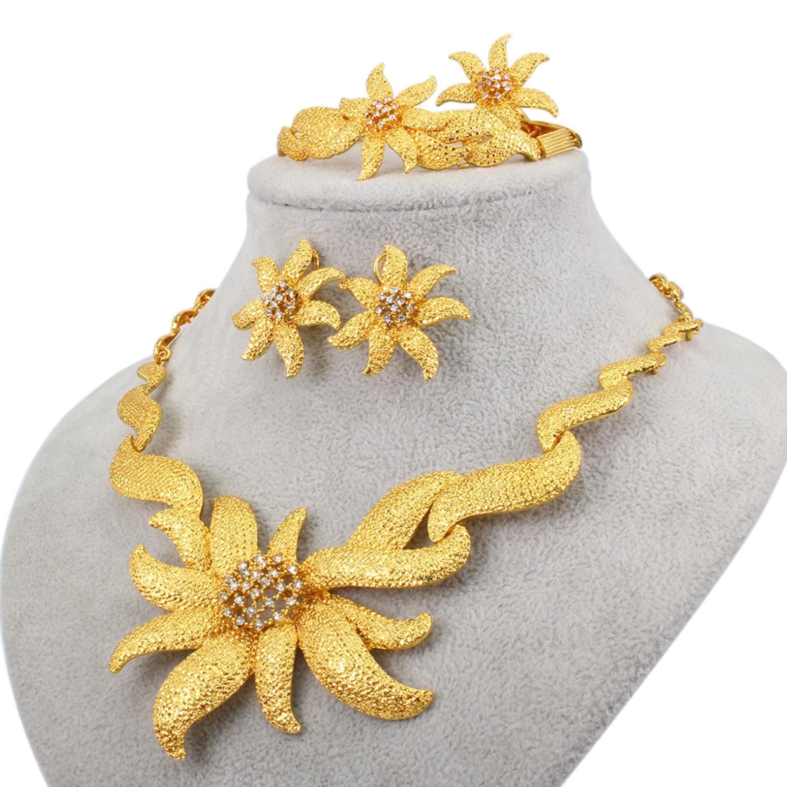 24K Gold Plated Jewelry Set for Women - Dubai Style African Bridal Wedding Gift Set with Flower Pendant Necklace, Earrings, Ring & Bracelet - Perfect for Weddings, Anniversaries and Special Occasions