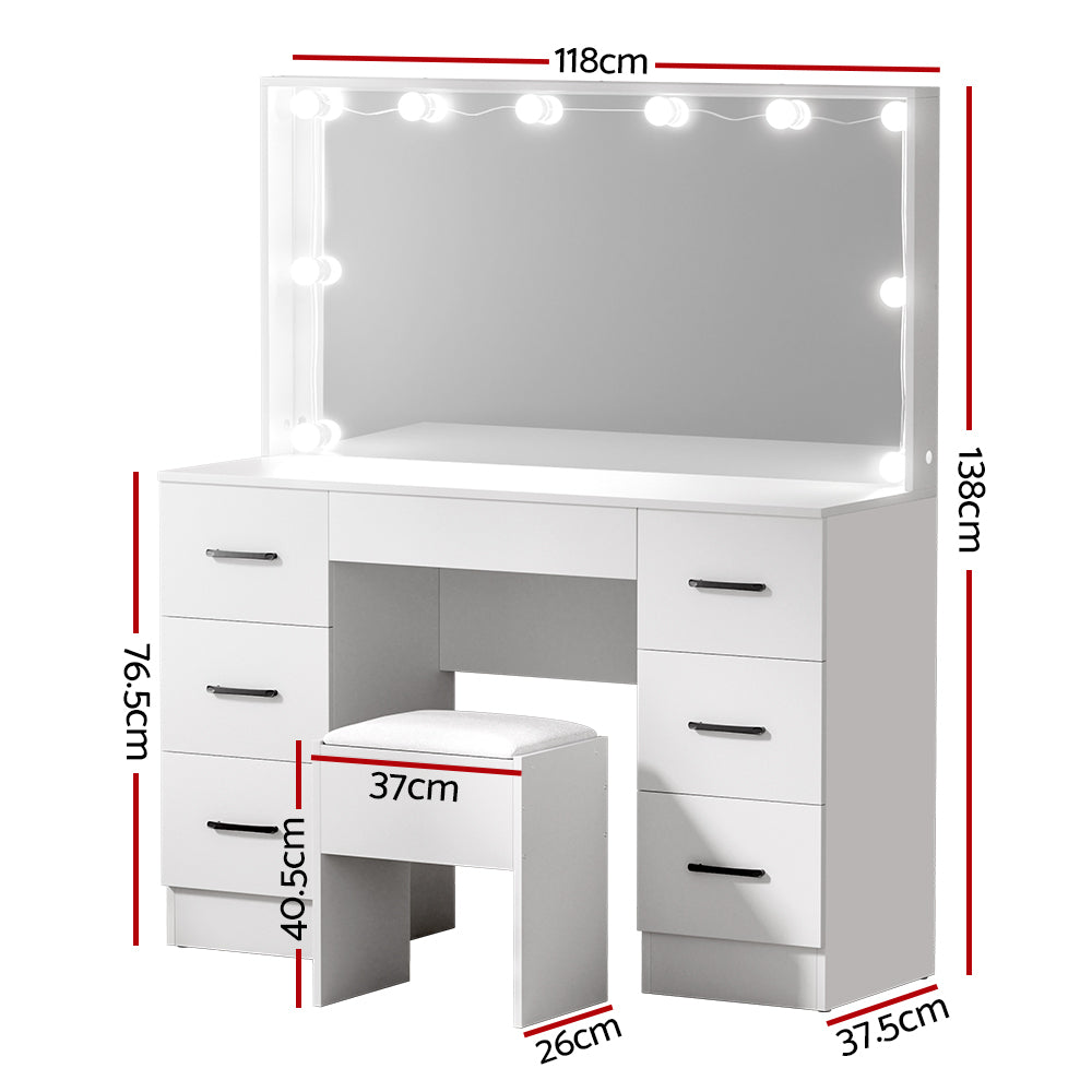 White Debbie Dressing Table Set with Stool and 10 LED Bulbs - Vanity Makeup Desk for Bedroom, Dressing Room & Beauty Salon