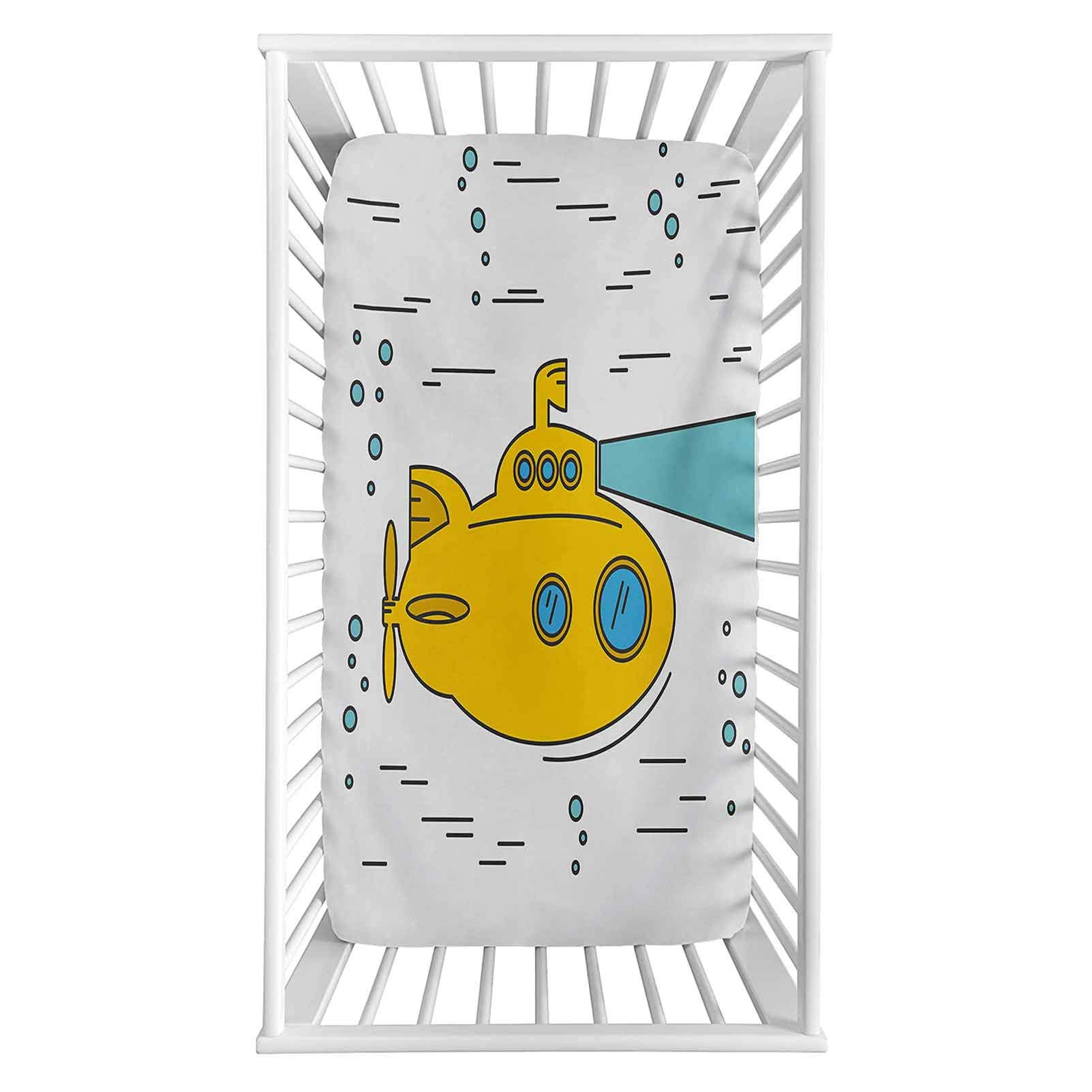 Yellow Submarine Fitted Crib Sheet - Ocean Nautical Adventure Design with Underwater Bubbles & Porthole Cartoon | Ultra Soft Microfiber Toddler Mattress Sheet (28