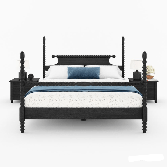 Handmade Black Wooden Four Poster Bed - Elegant Designer Bed Frame for Master Bedroom, Guest Room & Luxury Home Decor