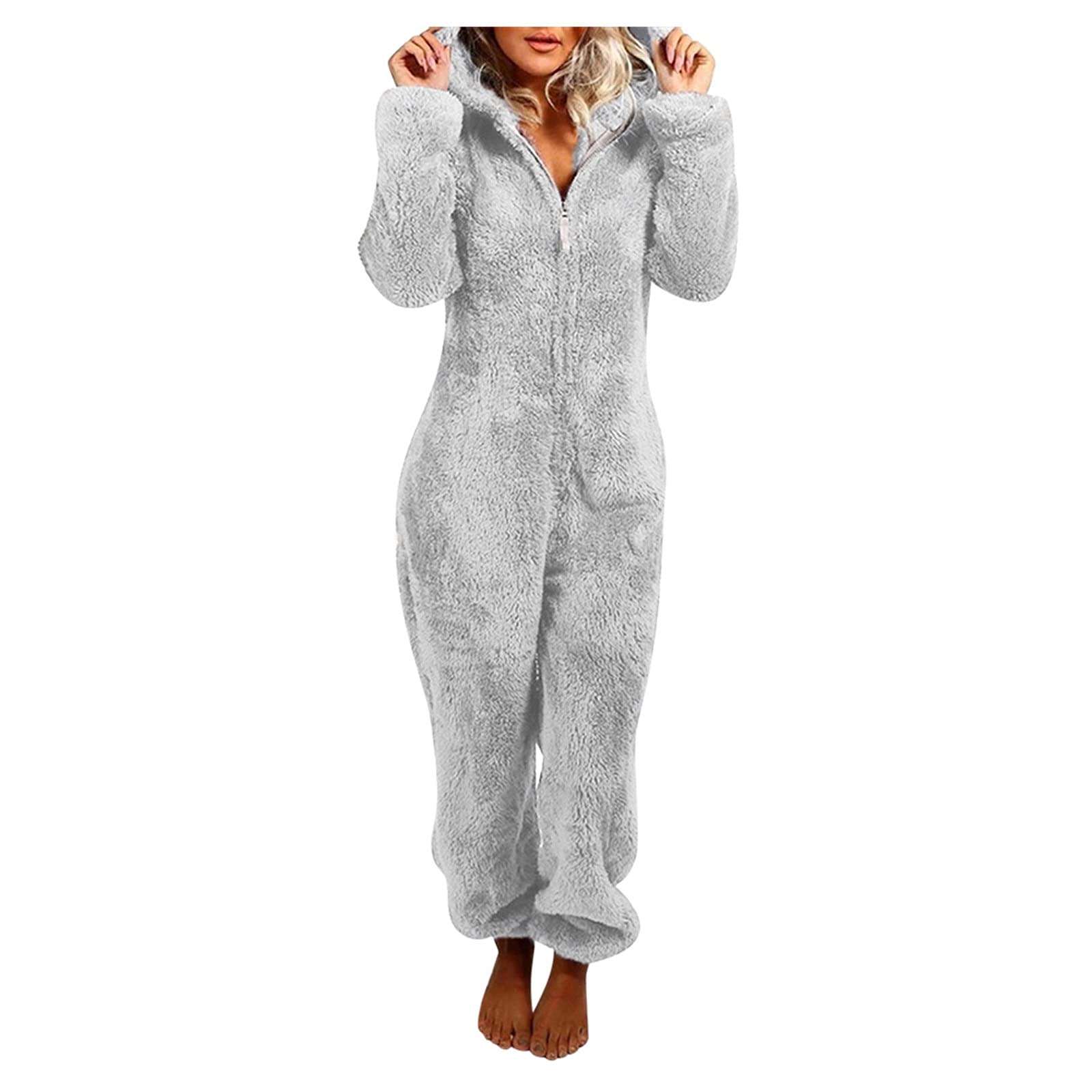 Bidobibo Women's Long Sleeve Hooded Jumpsuit - Warm Winter Romper Pajama Set with Pants, Casual Sleepwear & Lounge Wear for Cozy Nights at Home